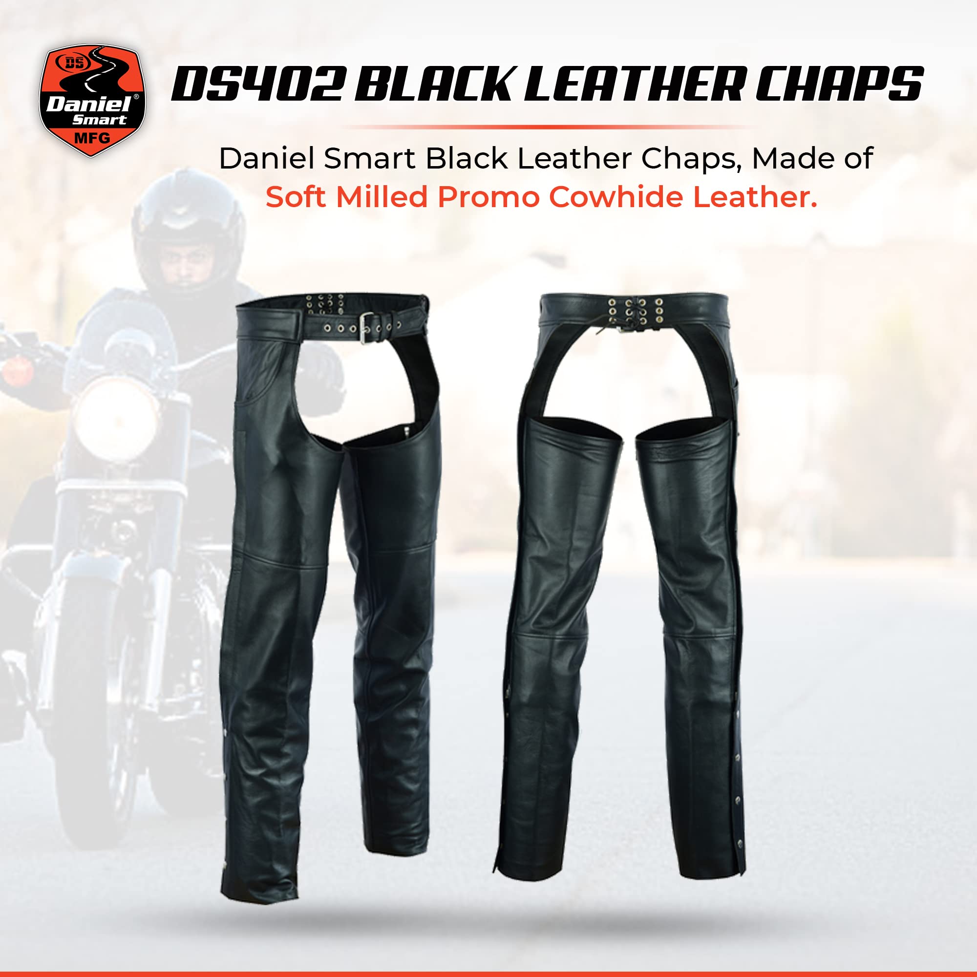 Daniel Smart Motorcycle Leather Chaps All Season Unisex Biker Assless Chaps with Customizable Fit & Jean Style Pockets