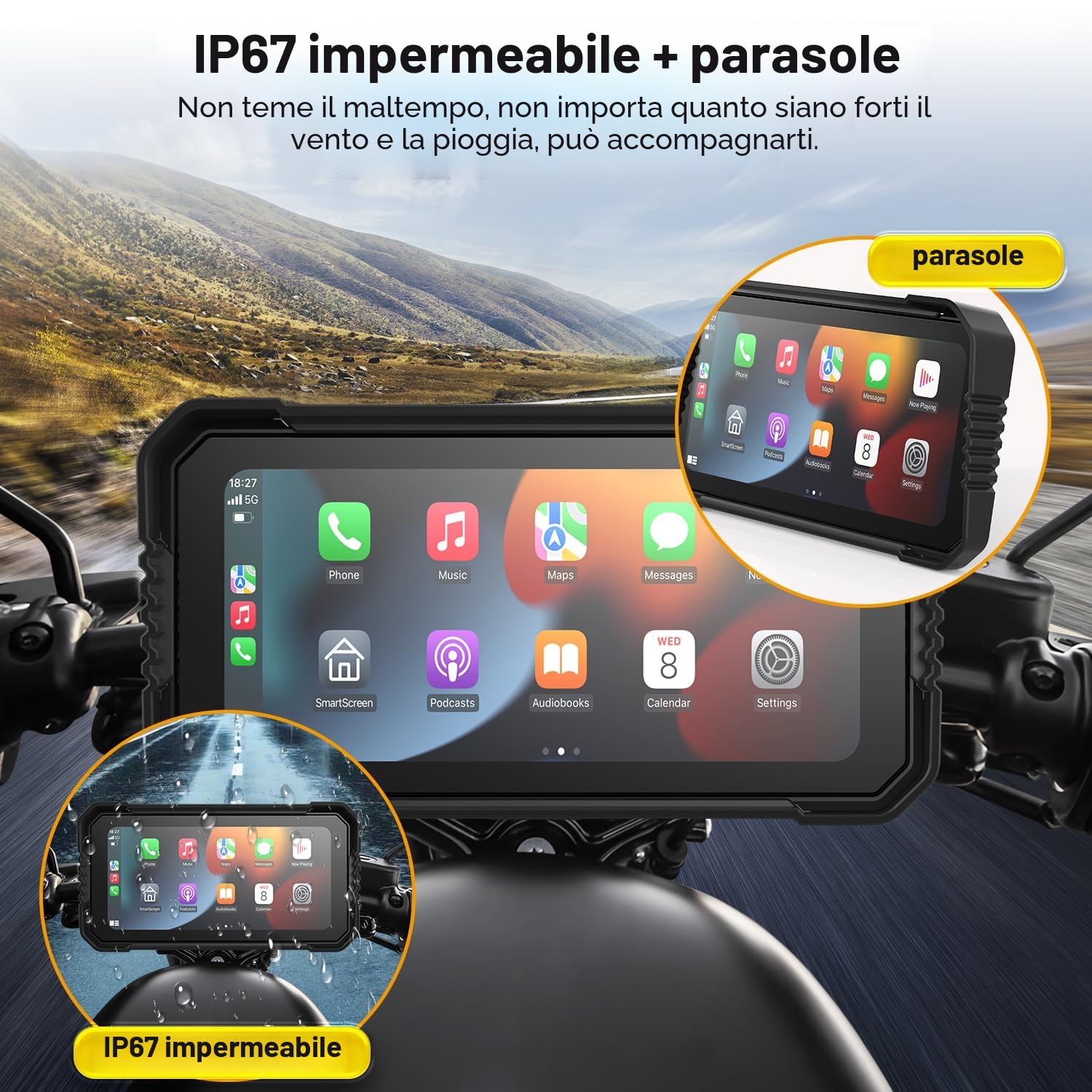 Wireless CarPlay Android Auto Schermo Moto 6,25 Pollici Touchscreen IP67 GPS Dual Bluetooth Telecomando