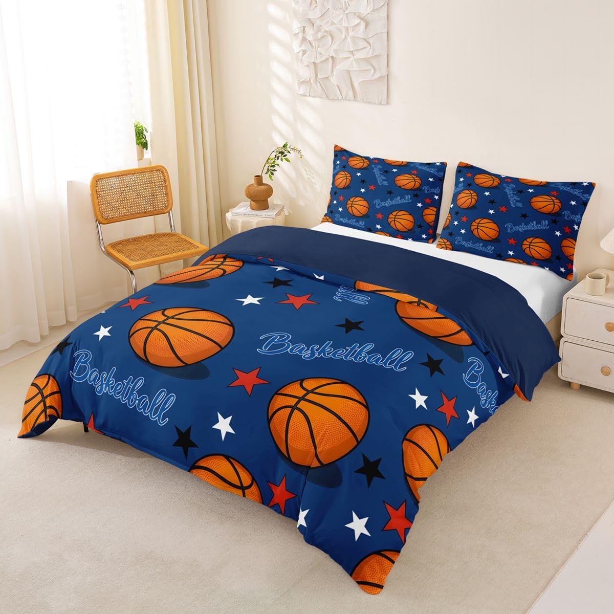 Homewish Set copripiumino per letto super king size, motivo pallacanestro, blu e marrone, motivo stelle, per amanti del basket
