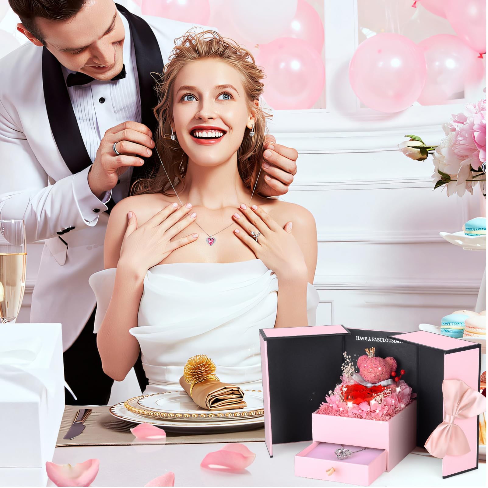Rosa Eterna con Oso de Musgo,Rosa Eterna Natural Preservada con Collar Regalos Originales para Mujer Mama Novia Caja Regalo San Valentin,Dia de la Madre,Aniversario,Cumpleaños,Navidad