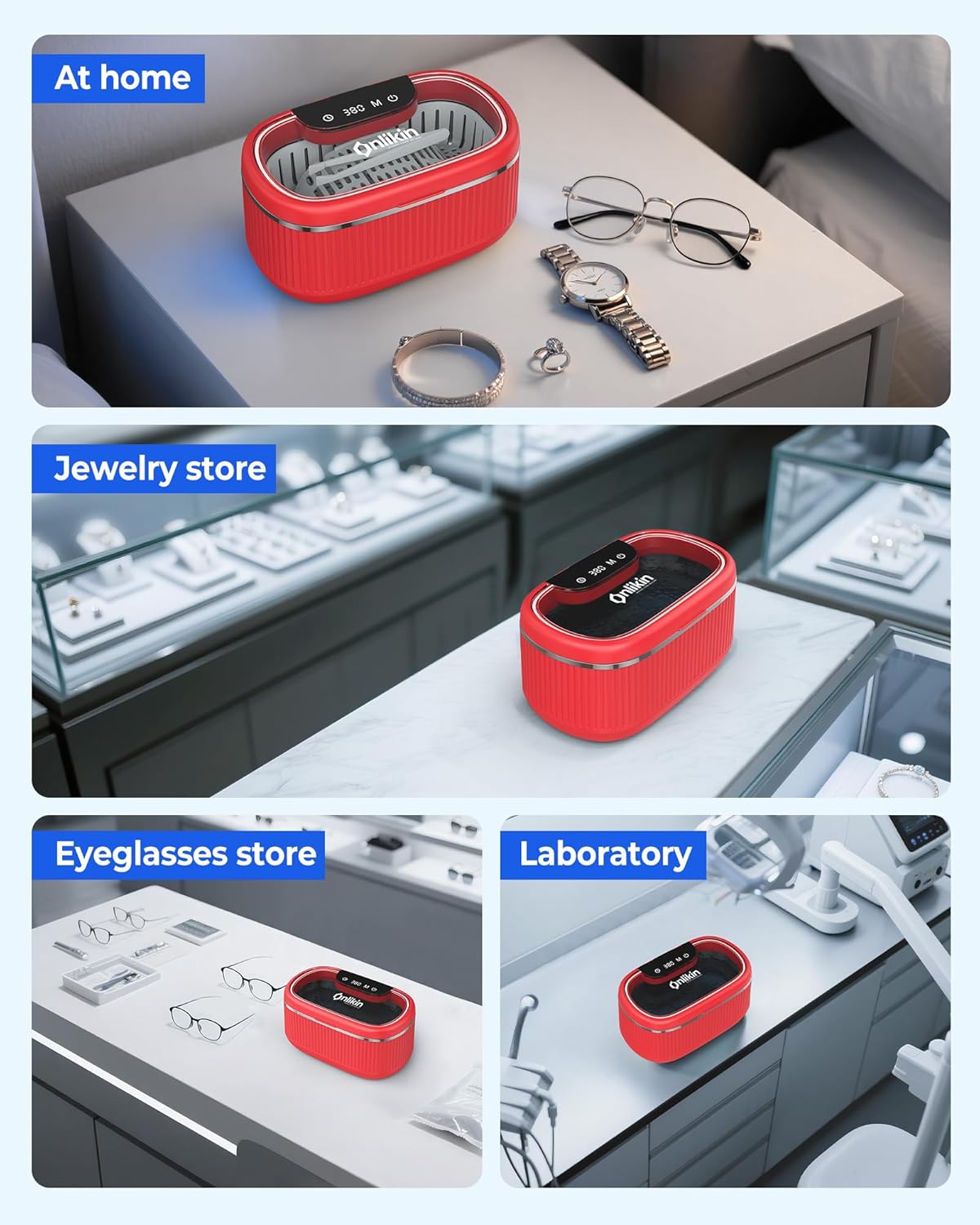 45KHz Ultrasonic Jewelry Cleaner, 5 Timer & 3 Power Modes, 35W Retainer Cleaner for Jewelry, Eyeglasses, Rings, Watch Strap, Dentures - Quiet <38dB, 20oz, 304 Stainless Steel (Red)
