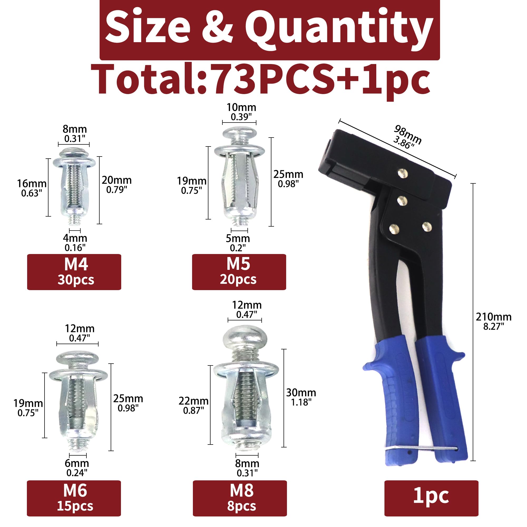 AIMUNOK 74 Pcs Expansion Screw Petal Nut and Metal Setting Tool 73 Petal Shape Metal Nut 1 Wall Anchor Gun for Hollow Wall Plasterboard Pressboard Hardboard Steel Zinc Plate