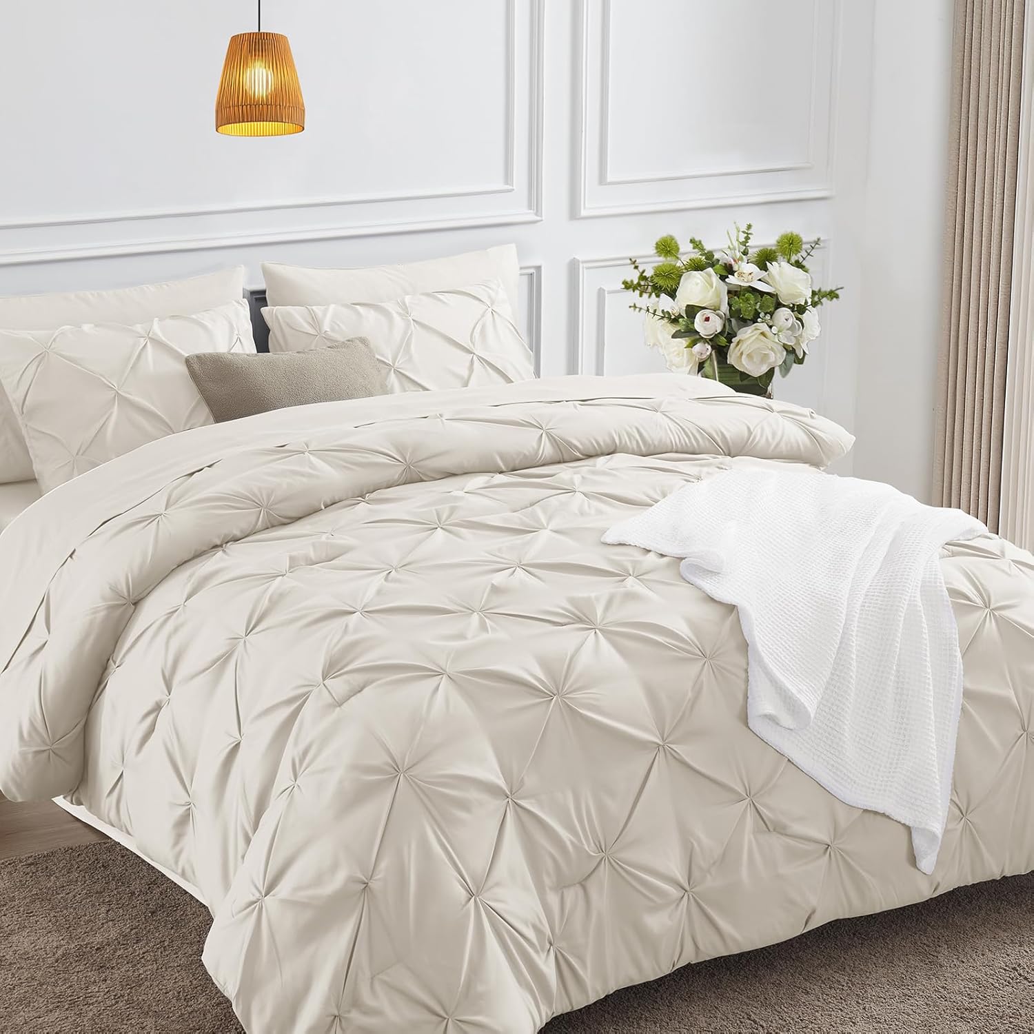 HIMEET- Beige Comforter Set King 7 Pieces (102"x90") Cream Comforter King Off White Bed Set King Pintuck Design Pinch Pleat Apricot Bedding Nude Bed in a Bag King Set with Sheets,Pillowcases&Shams Beige King