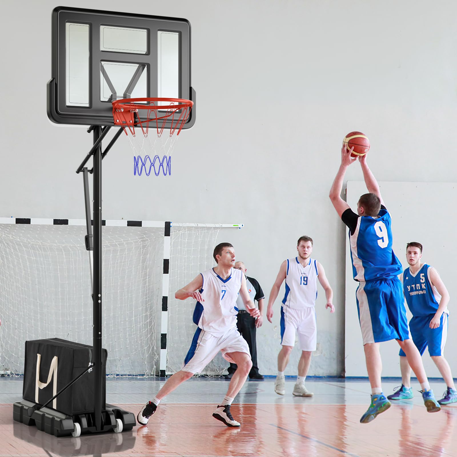 COSTWAY Canestro da Basket da Esterno ed Interno Professionale, Canestro da Basket Regolabile in Altezza 3-3,7 cm e Portatile con Tabellone Infrangibile, Base Robusta e Ruote