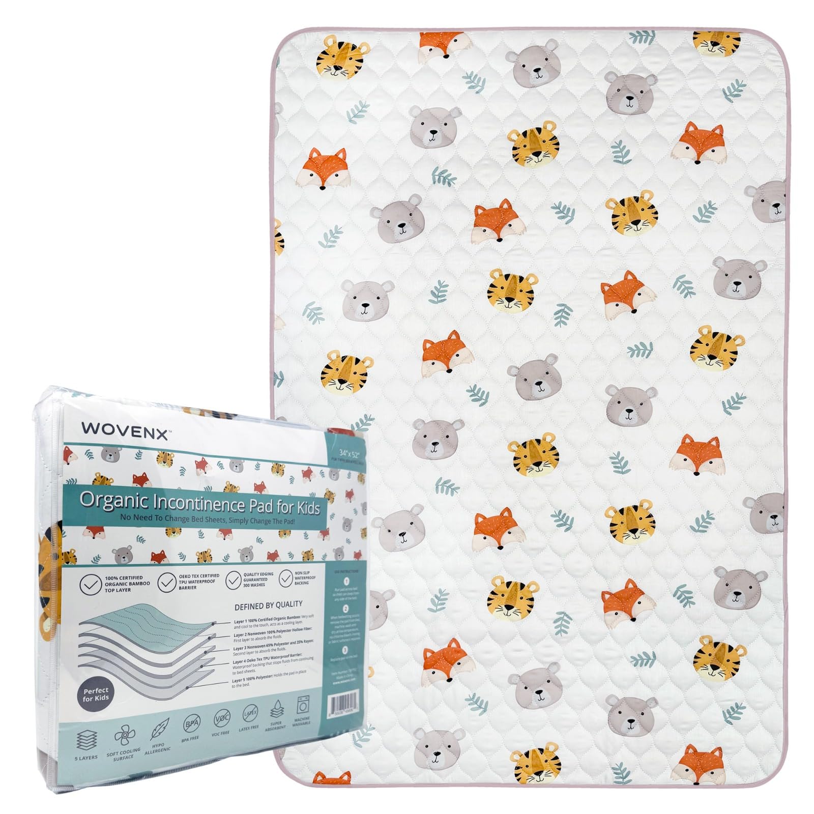Almohadillas orgánicas para incontinencia para niños y niños pequeños, protectores impermeables de 5 capas para mojar la cama durante la noche, almohadillas reutilizables y lavables para orina,