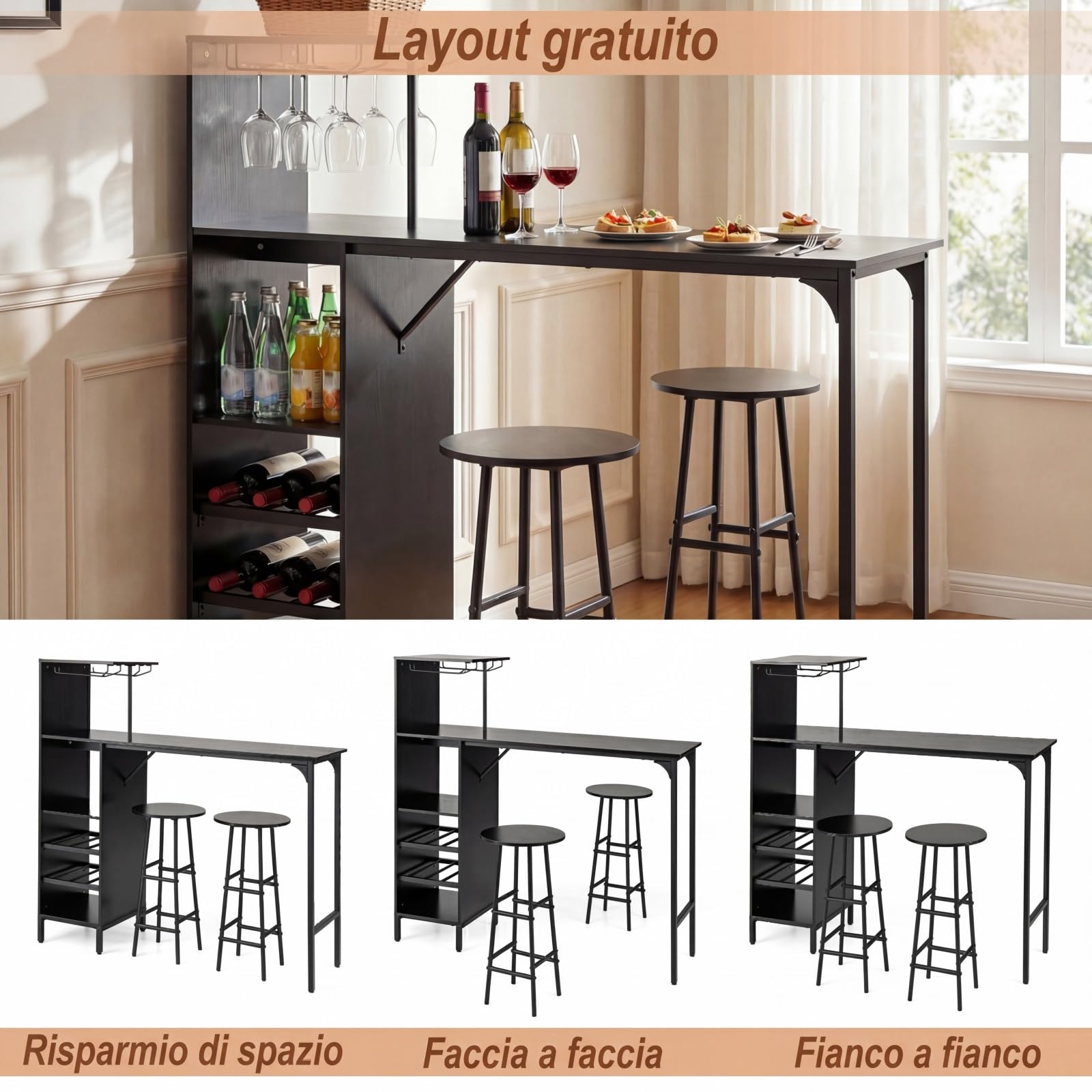 COSTWAY Set 3 Pezzi Tavolo e Sedie da Bar, Tavolo e Sgabelli da Pub Industriale con Porta Calici e 6 Portabottiglie da Vino, Set di Tavolo per Sala da Pranzo, Ristorante e Bar (Nero)