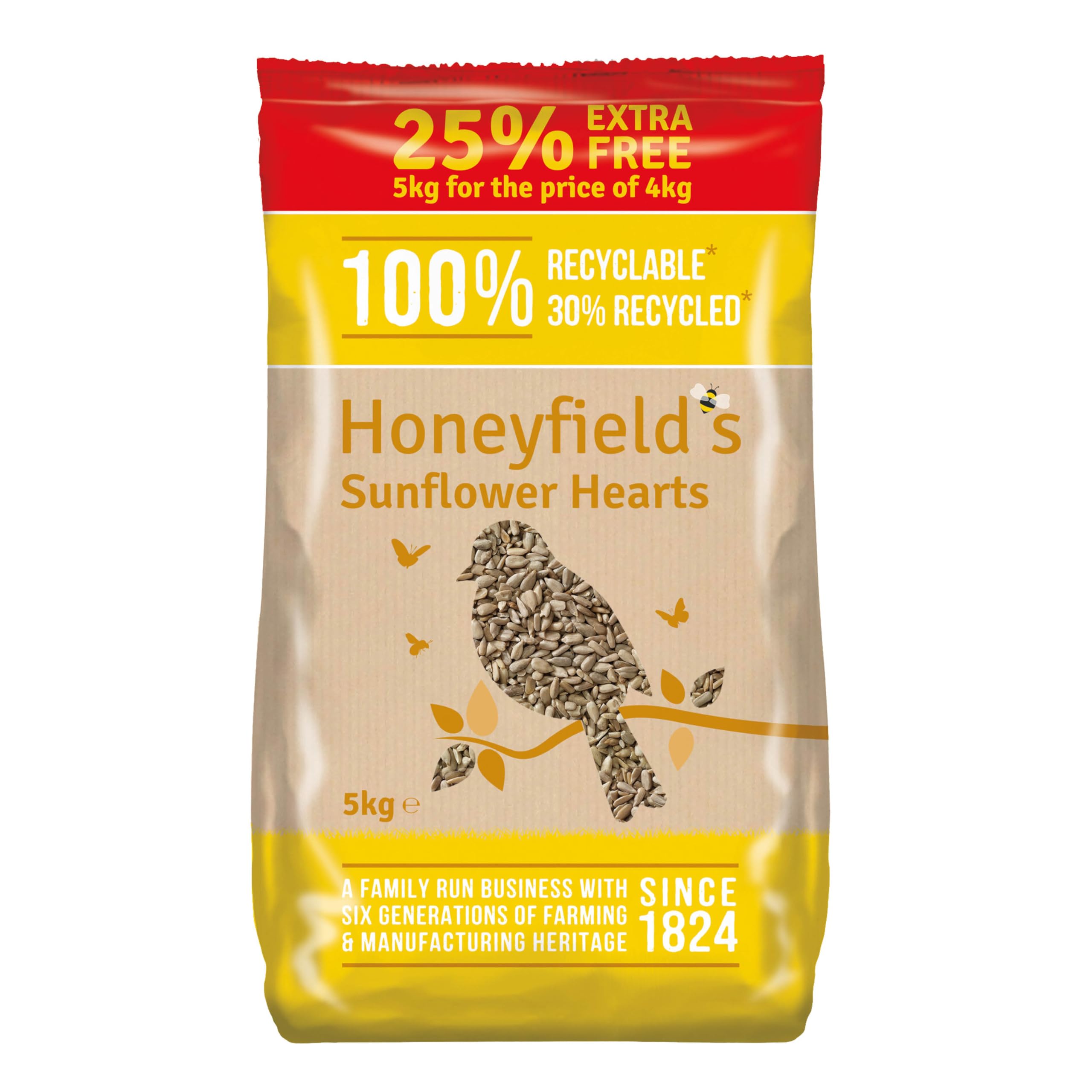 Sunflower Hearts Bird Food - Wild Bird Food for Small Birds, High in Energy and Protein, Great for Hanging Feeders, Bird Tables, and Ground Feeding, Bulk Bag (5kg) - Honeyfield’s