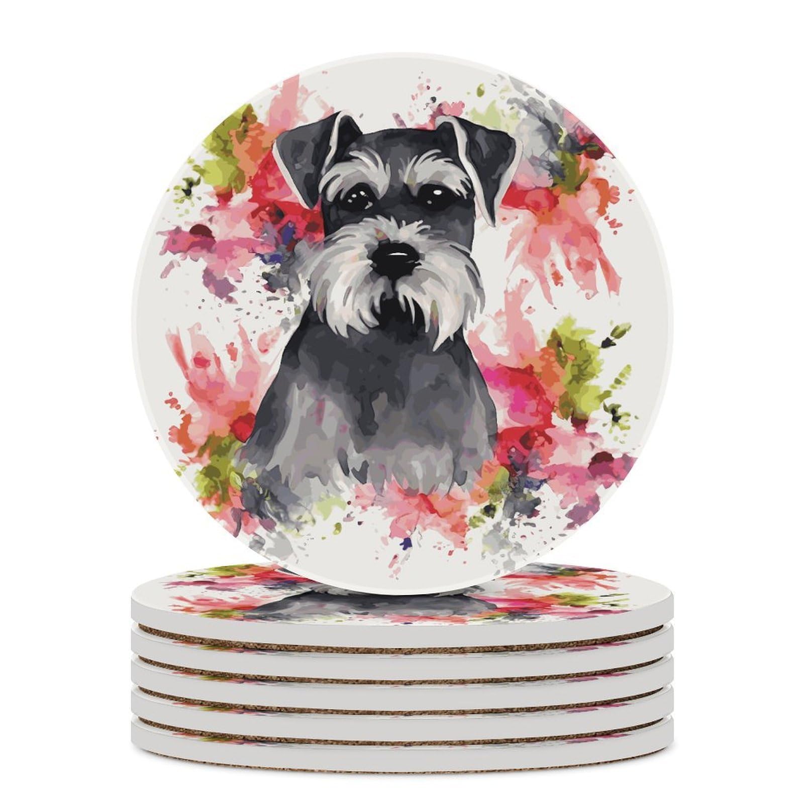 Schnauzer Drink Coasters with Holder for Coffee Table,Ceramic Coaster with Cork Base,Ceramic Stone Coaster for Iced Cold Or Hot Drinks,4.1 Inches