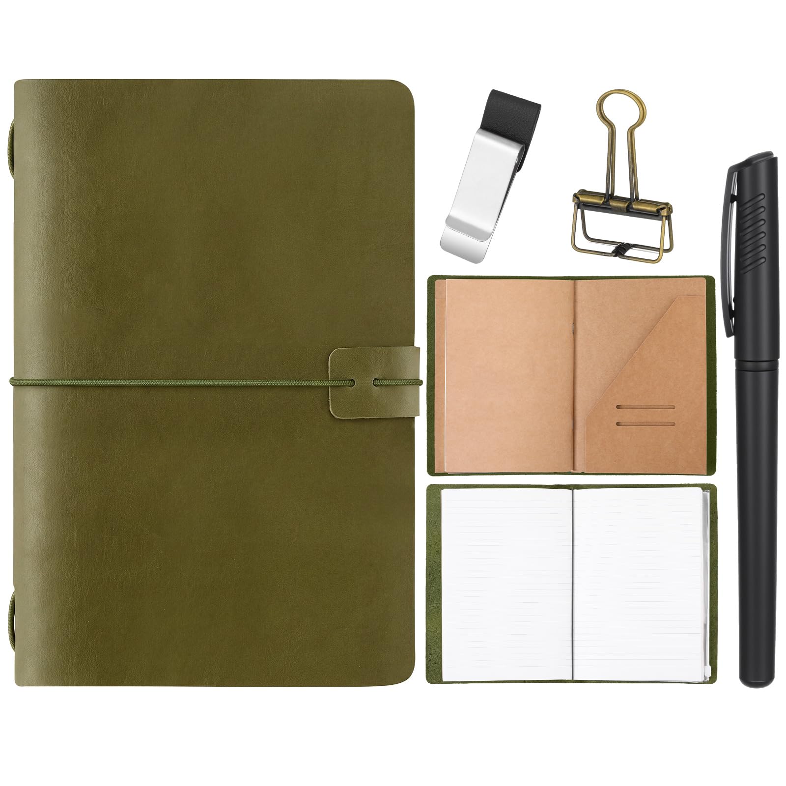 Thenshop Cuaderno de viaje de piel con 3 inserciones, color verde aguacate