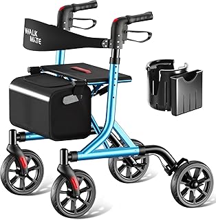 WALK MATE Rollator Faltbar und Leicht mit Sitz - Aluminium Rollator Schmal für Wohnung,Höhenverstellbar mit Daumendruck-Knopf,Getränkehalter,Gehhilfe für Senioren（6,7kg）