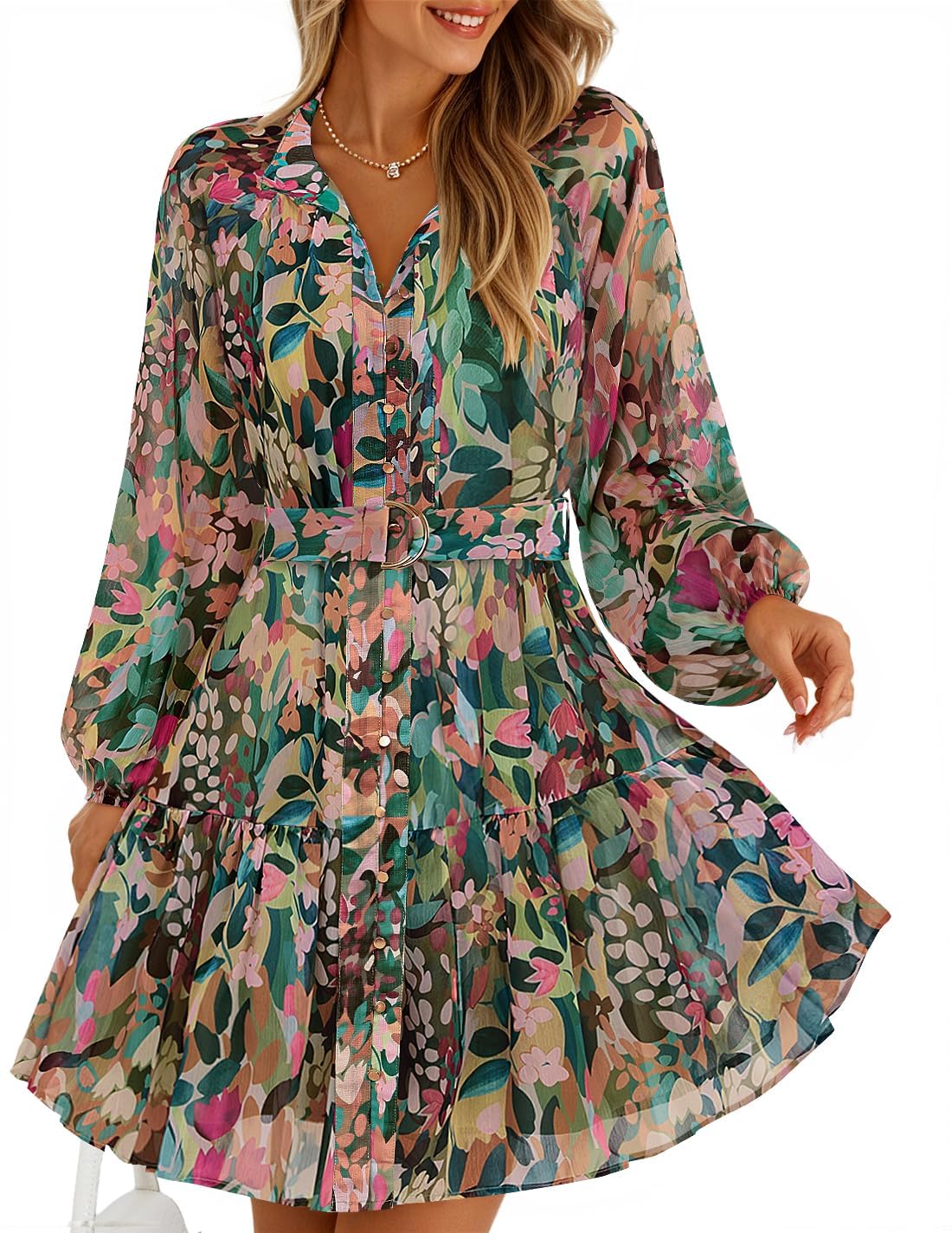 ZESICA Womens 2026 Fall Long Sleeve Floral Mini Dress | Button Down,Chiffon,Short Dress,A Line Swing Dress,Wedding Guest,Cocktail Party,Holiday,Travel,Casual Dresses,Fashion Clothes