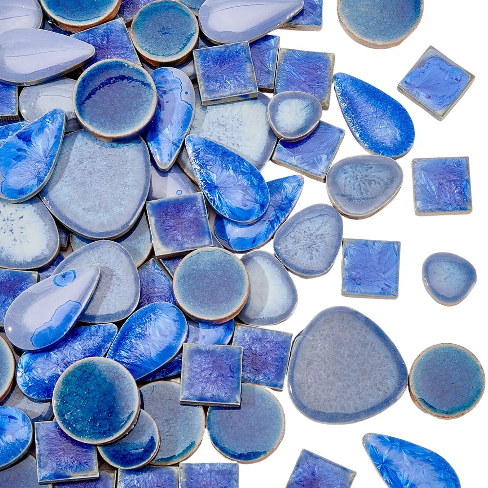 SOFPLATE 500G 4 Styles Blue Round Mosaic Tiles Ceramic Mosaic Pieces Small Porcelain Teardrop Square Mixed Shape Opaque Smooth Flatback Mini Cabochons for Home Garden Bathroom Wall Art Craft DIY Decor