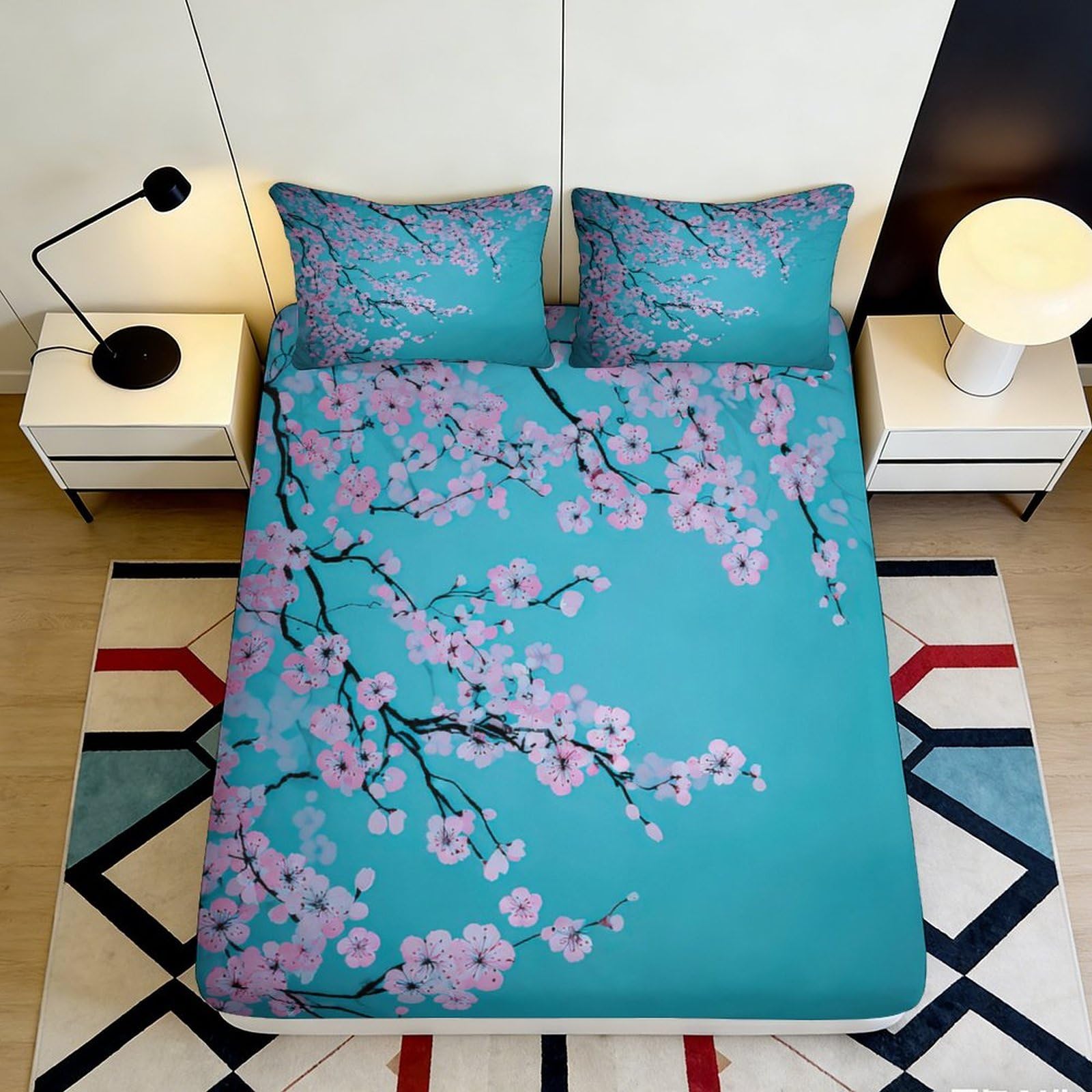 Pnayamiorkfel Style-5 3D Printed Sakura Blossom Fitted Sheet Microfiber Soft Breathable Japanese Cherry Mattress Cover For Bedroom Dorm Decor 90X200x25cm