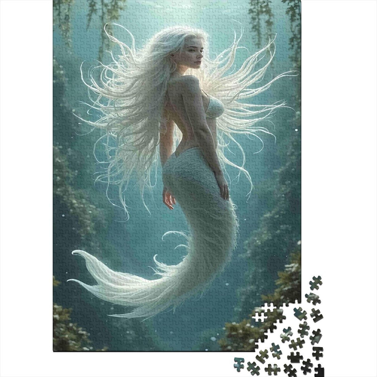 White Mermaid Fantasy Jigsaw Puzzles Puzzle for Adults Kids. 1000 Pieces Whimsical Challenge Toy Educational Games Home Decoration for Adults& Kids Age 14 Years Up 38x26cm/1000pcs