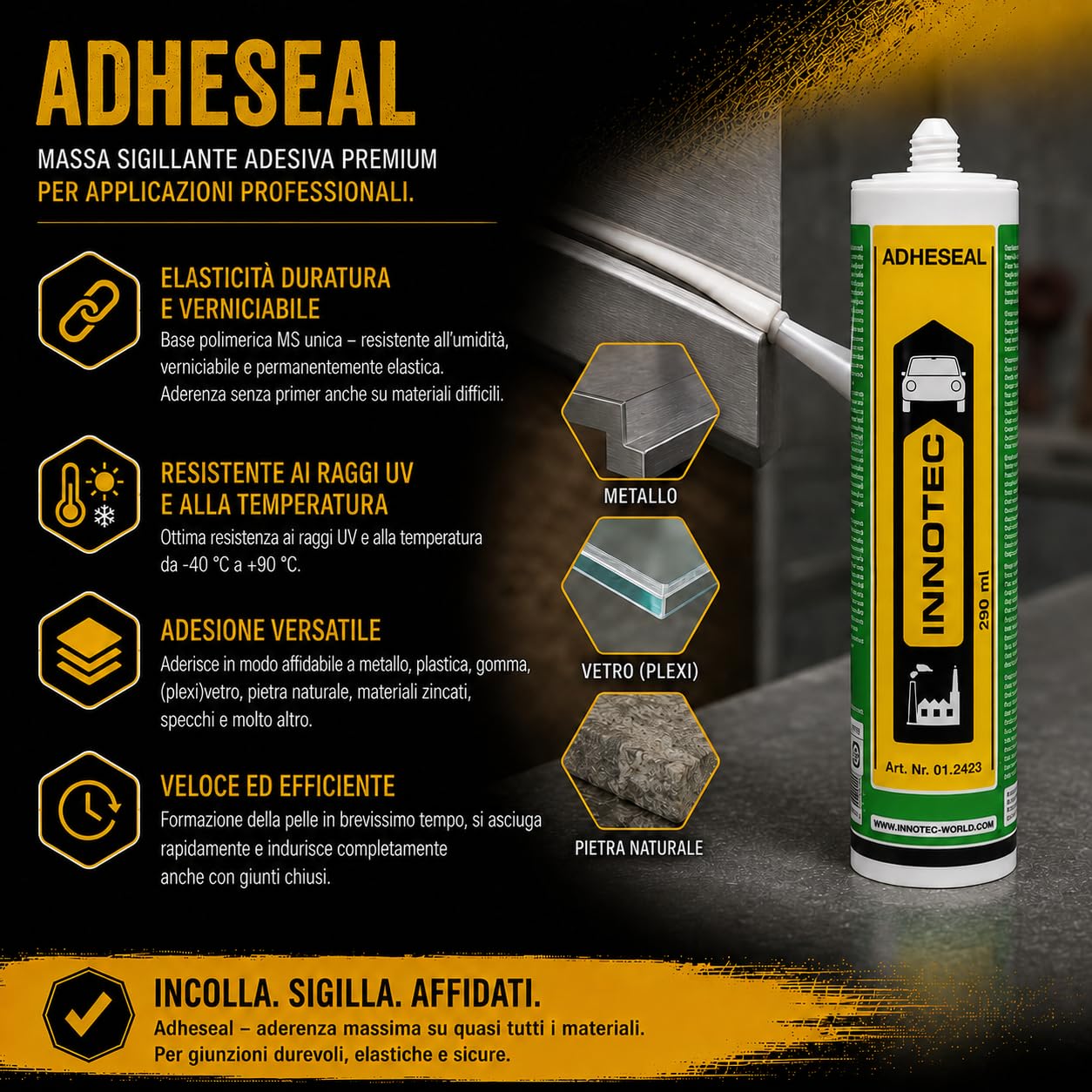 2 pezzi Innotec Adheseal nero adesivo e sigillante a base di polimeri MS – Aderente anche a materiali delicati – Verniciabile bagnato – 290 ml Adheseal sigillante elastico permanente