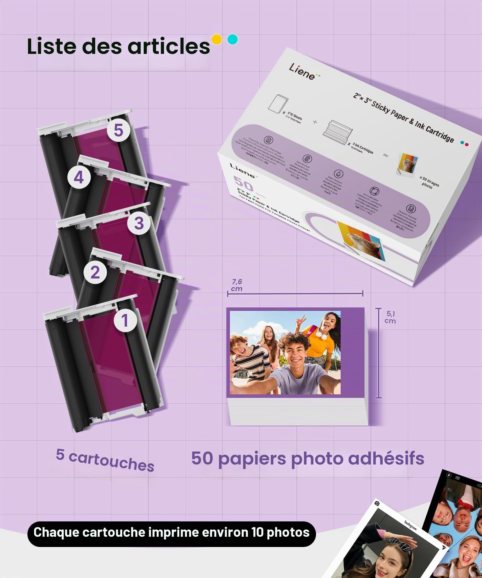 Liene Pearl N200 Pro Papier photo autocollant pour imprimante portable : 50 feuilles (5x7,6 cm) + 5 rubans. Résistant à l’eau, autocollant instantané. Pour DMP130. Idéal scrapbooking et DIY.