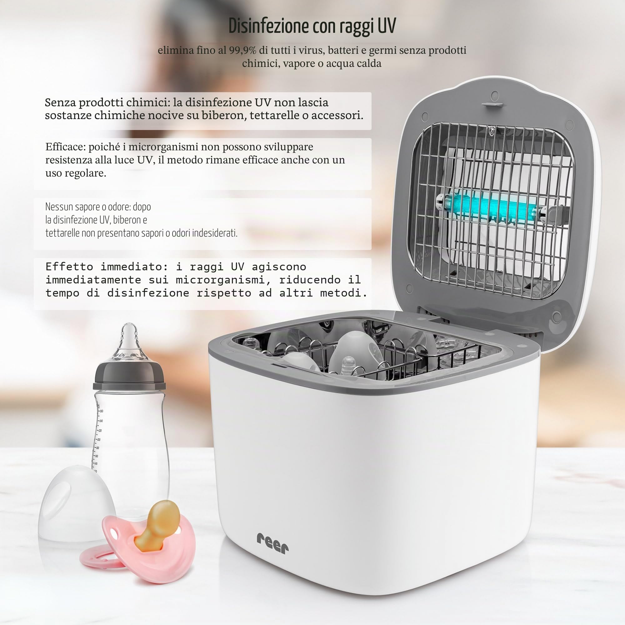 reer Disinfettante UV-C con funzione di asciugatura | Sterilizzatore per biberon e accessori per neonati | Sterilizzatore per bottiglie