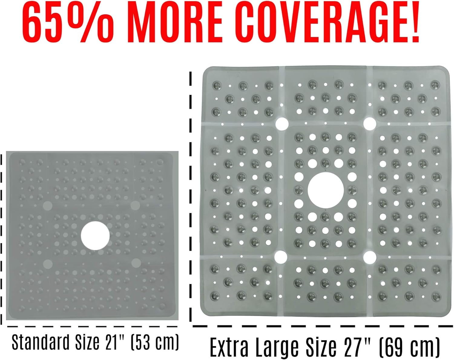 Flash Deals - 40% OFF SlipX Solutions Extra Large Square Shower Mat 27 x 27, Non-Slip Stall Mat for Elderly & Kids Bathroom (Drain Holes, Strong Suction Cups, Machine Washable, Translucent Gray)