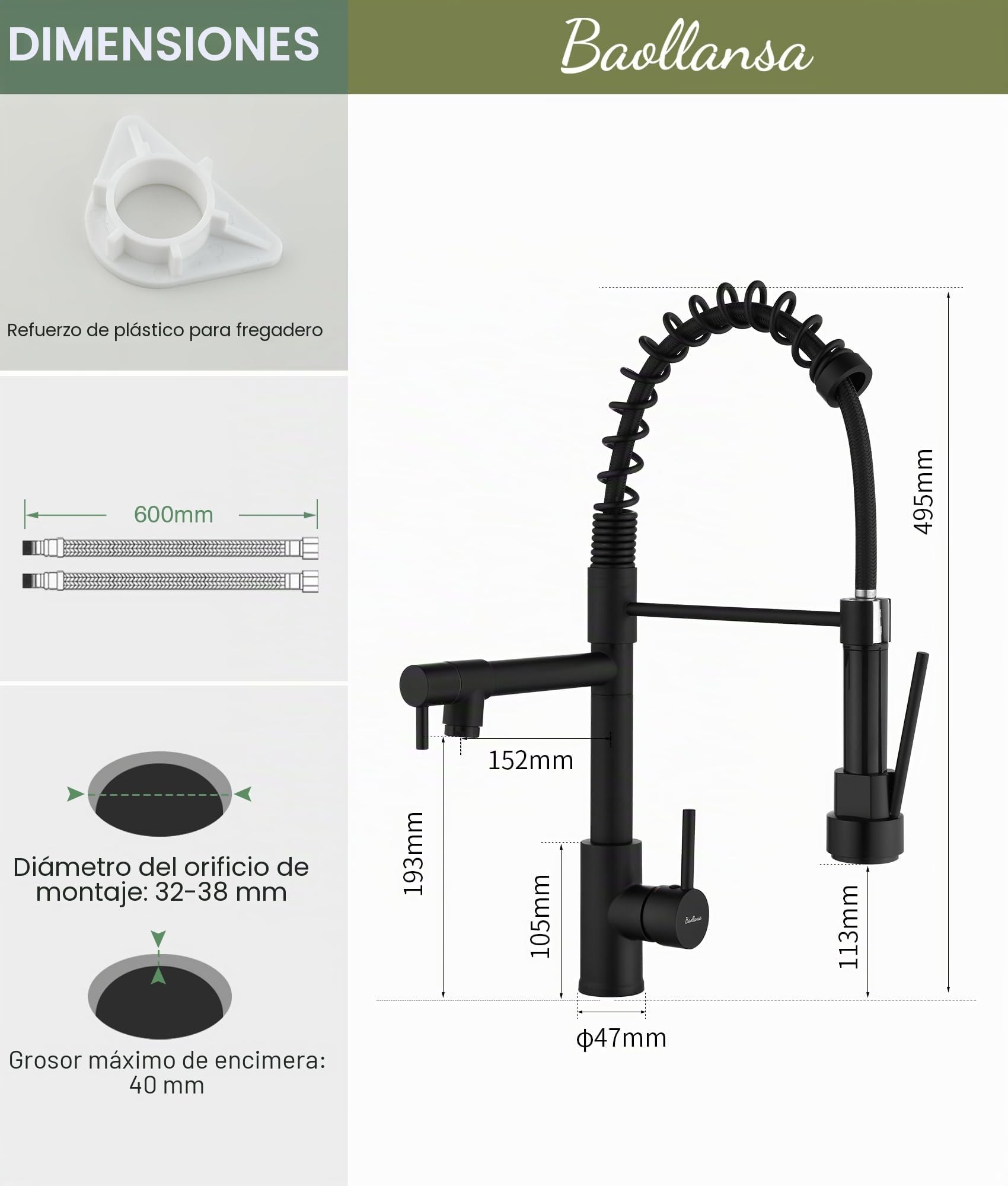 Grifo de cocina - Grifo de cocina con ducha extraíble, giratorio a 360°, mezclador de alta presión para cocina, grifo de fregadero de cocina de doble pulverización en acero inoxidable, negro