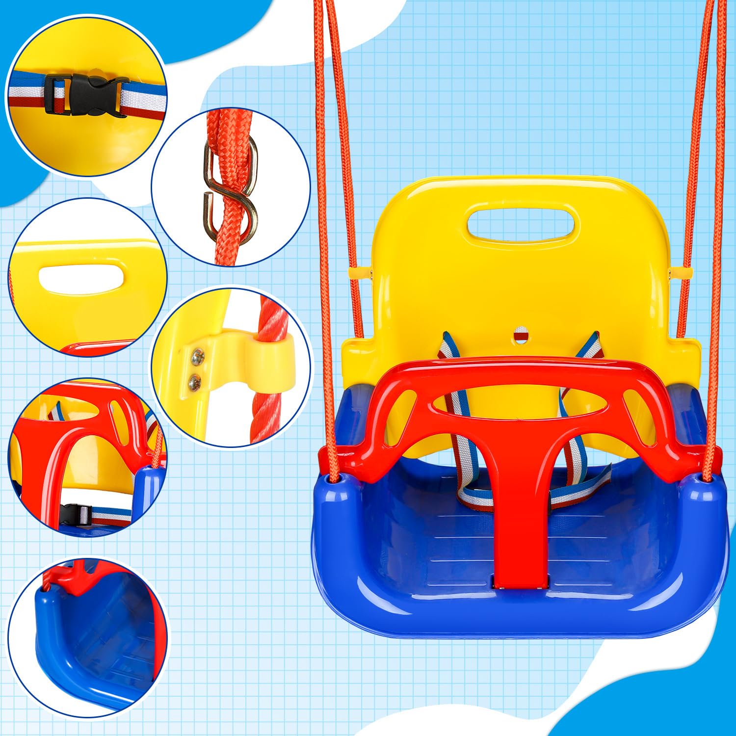 Altalena per bambini 3 in 1 fino a 50 kg, seggiolino rimovibile, regolabile in altezza, altalena per bambini che cresce con il bambino per esterni e interni