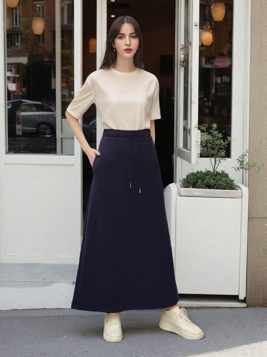 Women Fleece Lined Skirt Long Warm Fall Winter Skirts with Pockets and Drawstring,Elastic High Waisted A-Line Skirt - Image 6