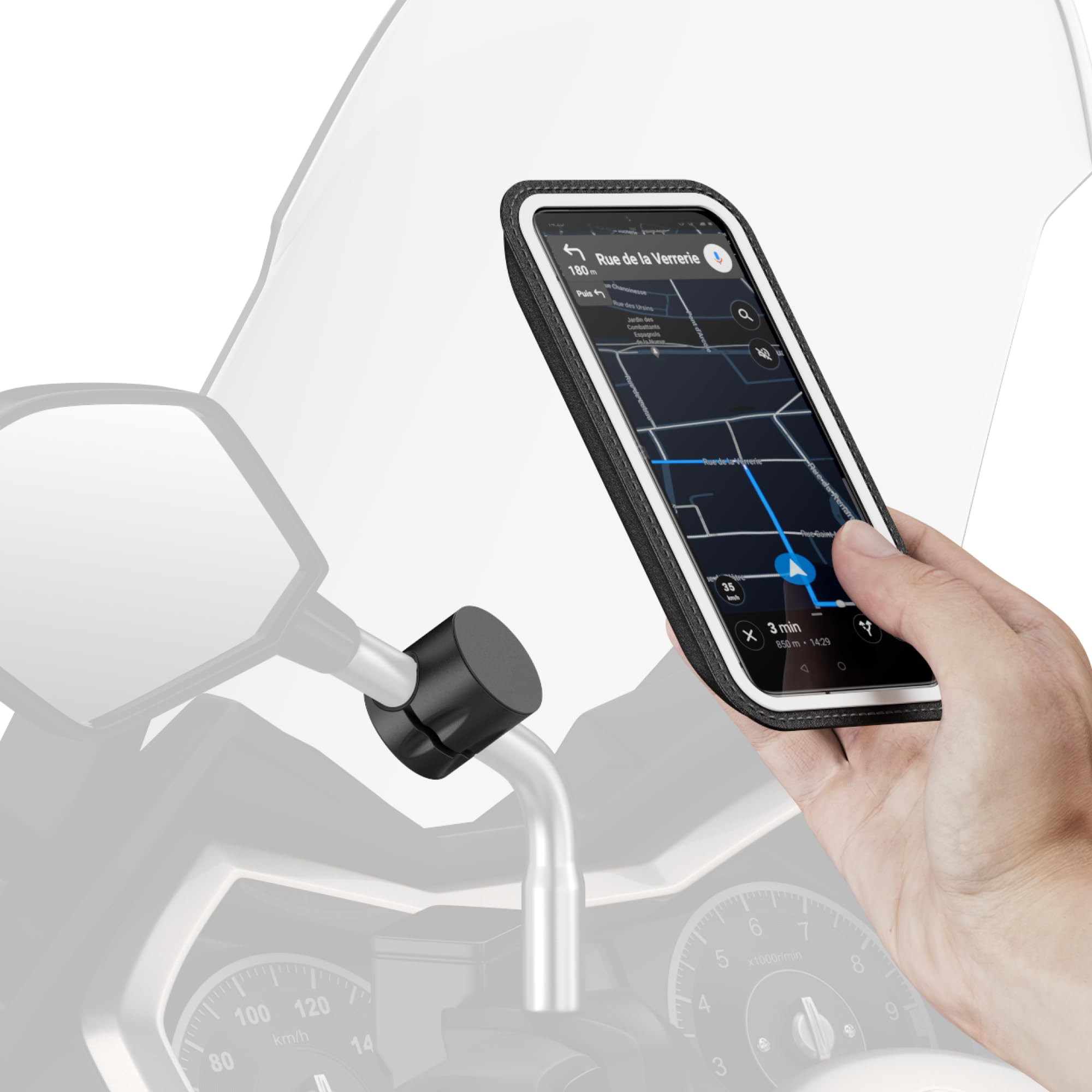 Shapeheart Support Téléphone Rétroviseur Moto Magnétique - Pochette Étanche Tactile XL - Fixation Vissée Rétroviseur Moto, Scooter - Housse Smartphone Imperméable - Système Stable Amovible