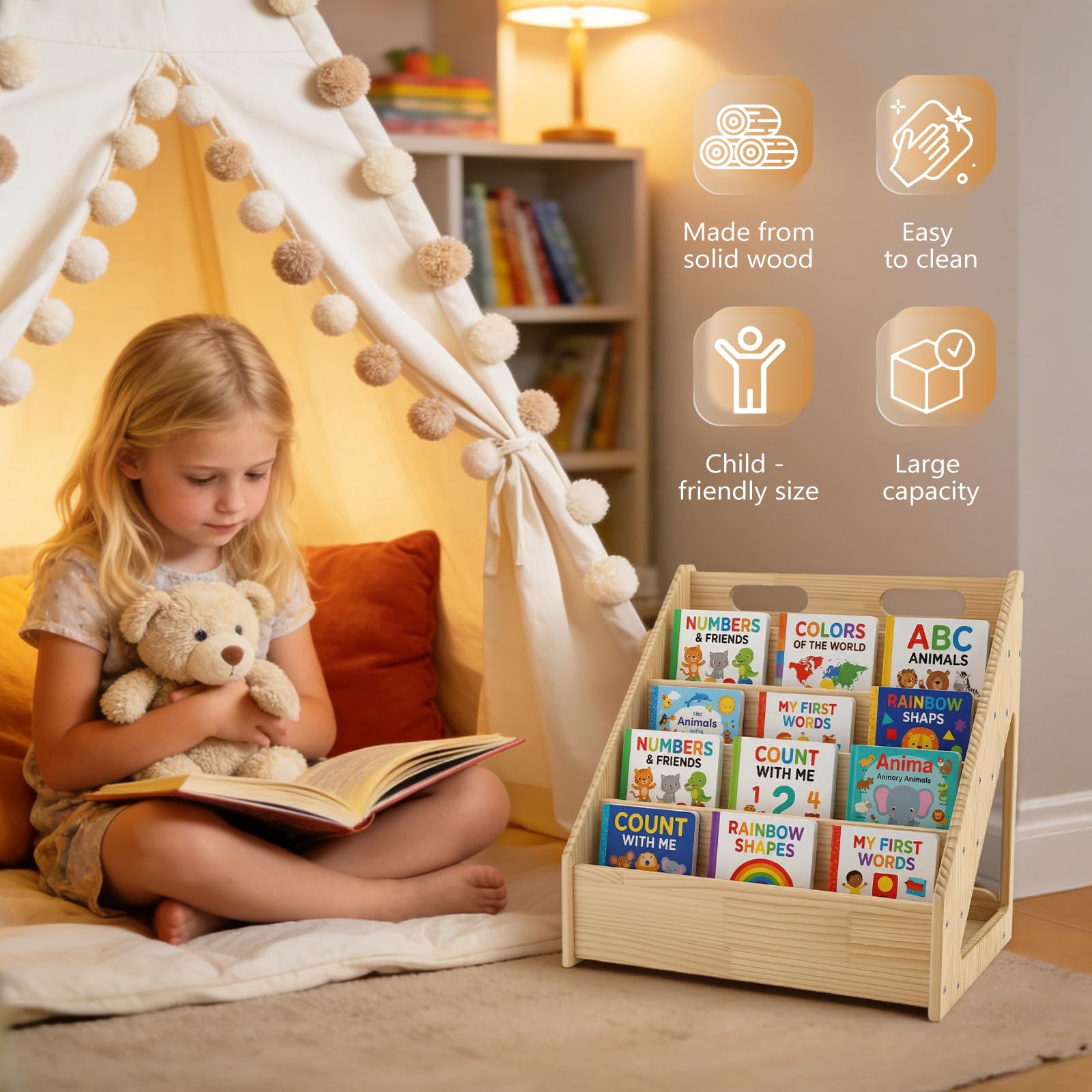 Scaffale Montessori per Bambini, Libreria a 4 Ripiani Orientata Verso l’Anteriore, Scaffale Retro Pratico Contenitore, in Legno di Pino Stabile, per Soggiorno, Bambini 41,9x30,4x41,9cm