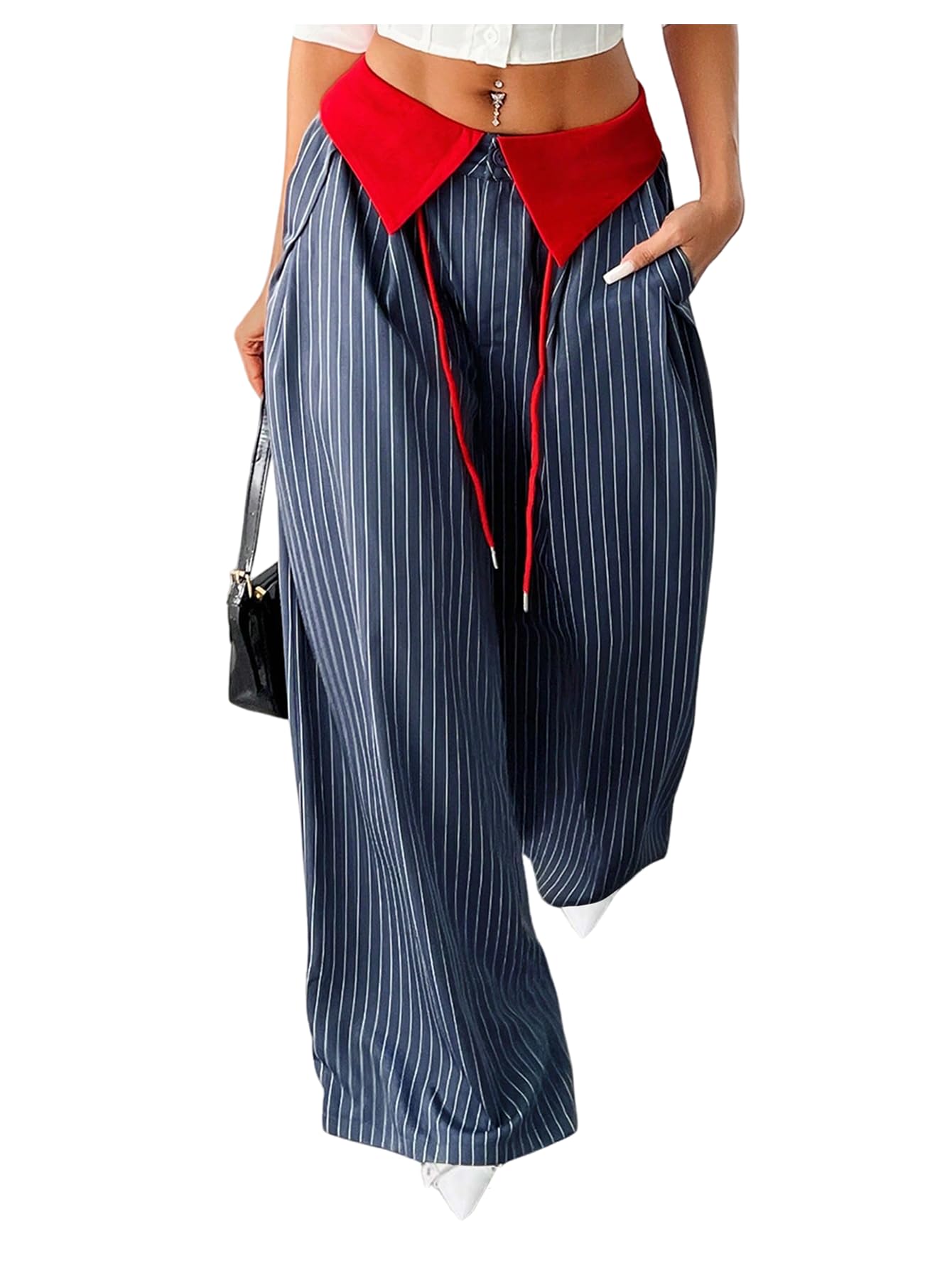 GORGLITTER Womens Plus Size Dress Pants Trendy Fall Baggy Wide Leg Striped Travel Pants Color Block Trousers Bottoms