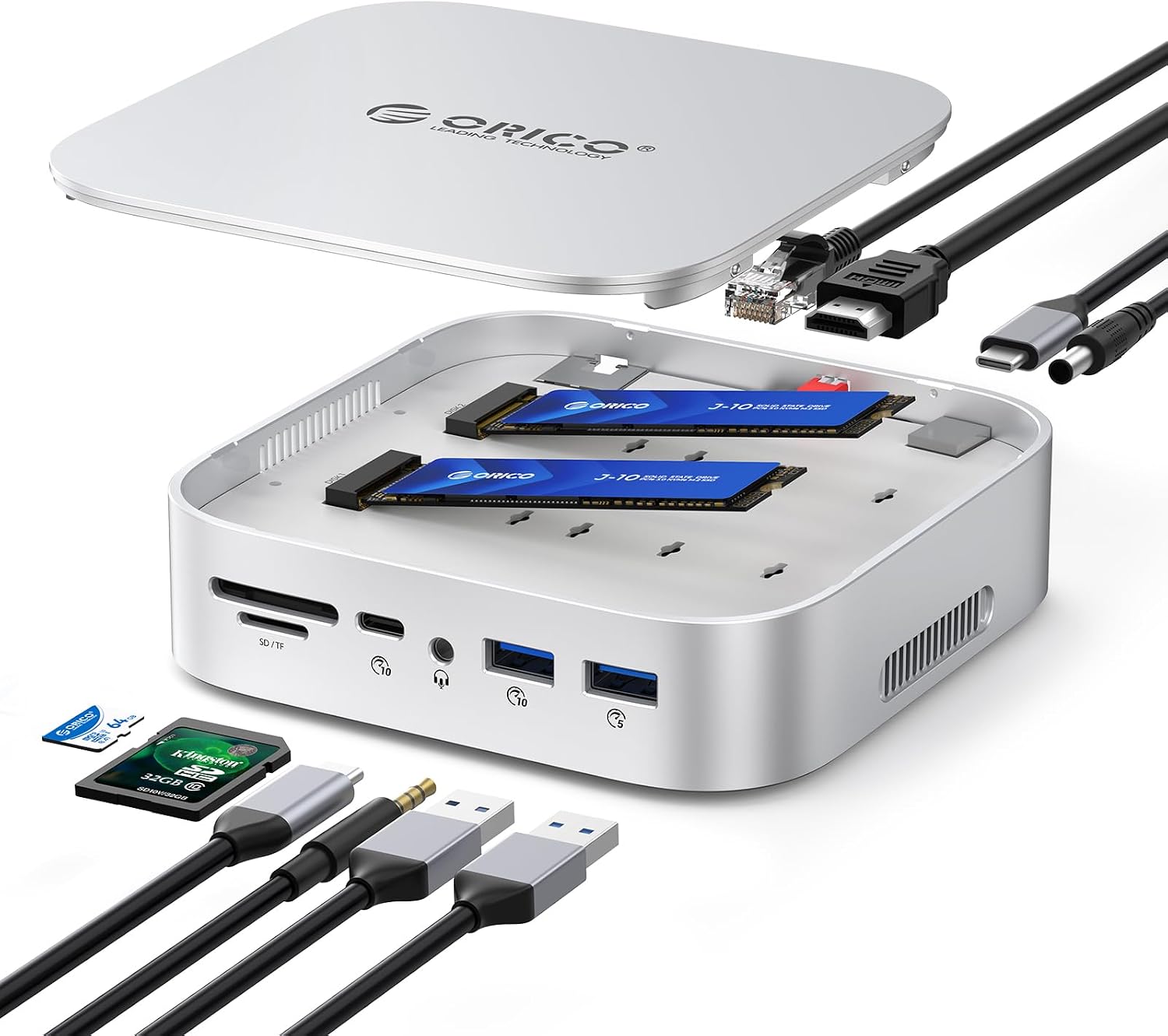 MiniRaid, Mac mini M4 Dock with Dual-Bay M.2 NVMe/SATA SSD Enclosure for Mac mini M4 Pro, Raid 0/1/PM, USB C HUB with HDMI 4K@60Hz, 10Gbps/5Gbps USB, RJ45, SD/TF, PD 60W for Creator