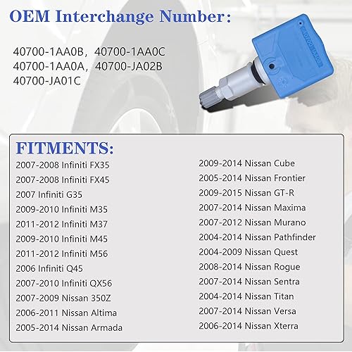 Miniatura 2 de Sensor de presión de neumáticos de 315 Mhz compatible con Nissan 350Z GT-R Altima Maxima Infiniti M35 M45 QX56 FX35 FX45 Reemplaza OE 40700-JA01B