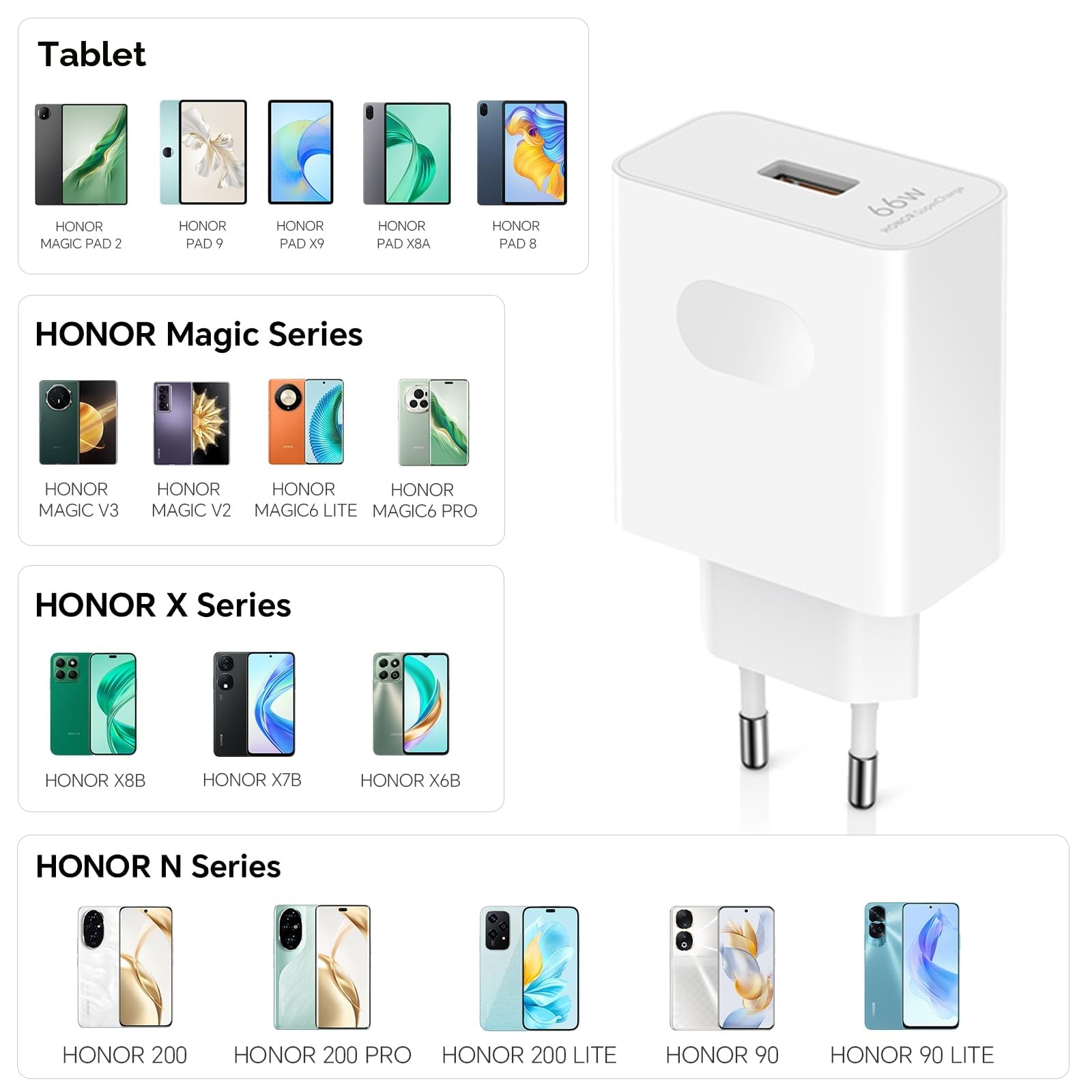HONOR 66W Supercharge Caricabatterie con Cavo USB C 6A per Honor 200Lite, Magic6, 6Pro, 6Lite, 5Lite, 5Pro, 90Lite, 70, Magic Pad 9, Pad X9, X8, Adattatore di Alimentazione Originale