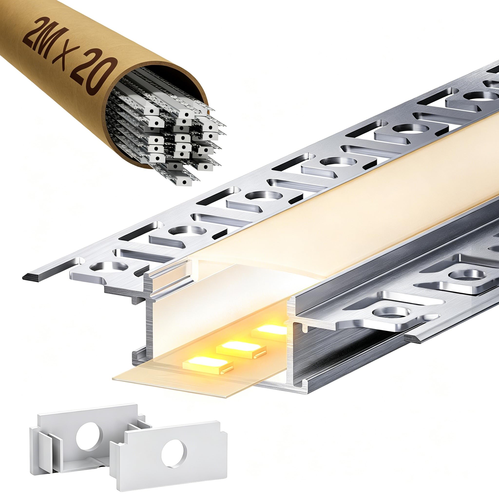Profil LED do suchej zabudowy, 2 m, do taśm LED 20 mm – aluminiowy profil podtynkowy do suchej zabudowy, kanał LED, dyfuzor, oświetlenie sufitowe, ścienne (profil LED Drywall - 40 m)