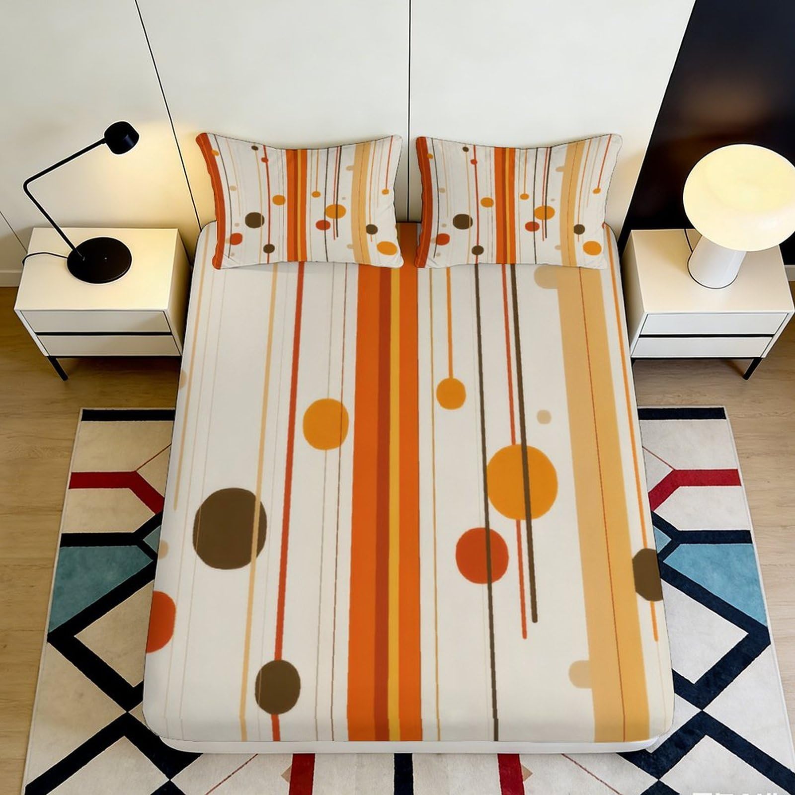 3D Printed Orange Circle Striped Fitted Sheet Microfiber Soft Breathable Modern Dot Bed Cover for Bedroom Dormitory Guest Room Mattress Protection Decor 180x200x25cm