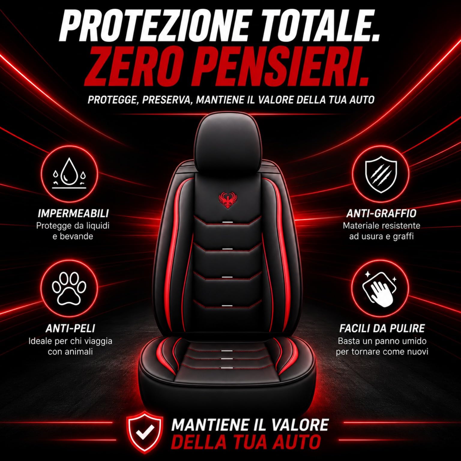Car Passion 2 Coprisedile Auto Universale Sportivo Qualità Superiore in Ecopelle Anteriore con Poggiatesta Compatibile con Airbag Laterale Protezione Sedile Look Dinamico (2 Coprisedili Rosso)