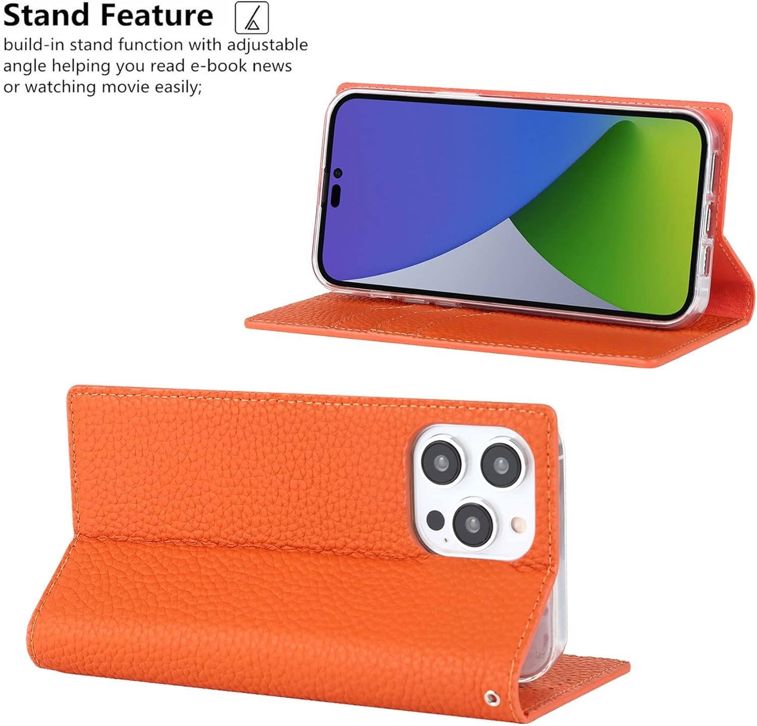 iCoverCase Compatible iPhone 14 Pro Max Wallet Case, RFID Blocking Genuine Leather Magnetic Flip Cover Case with Wrist Strap, Card Slots, Kickstand Feature (Orange)