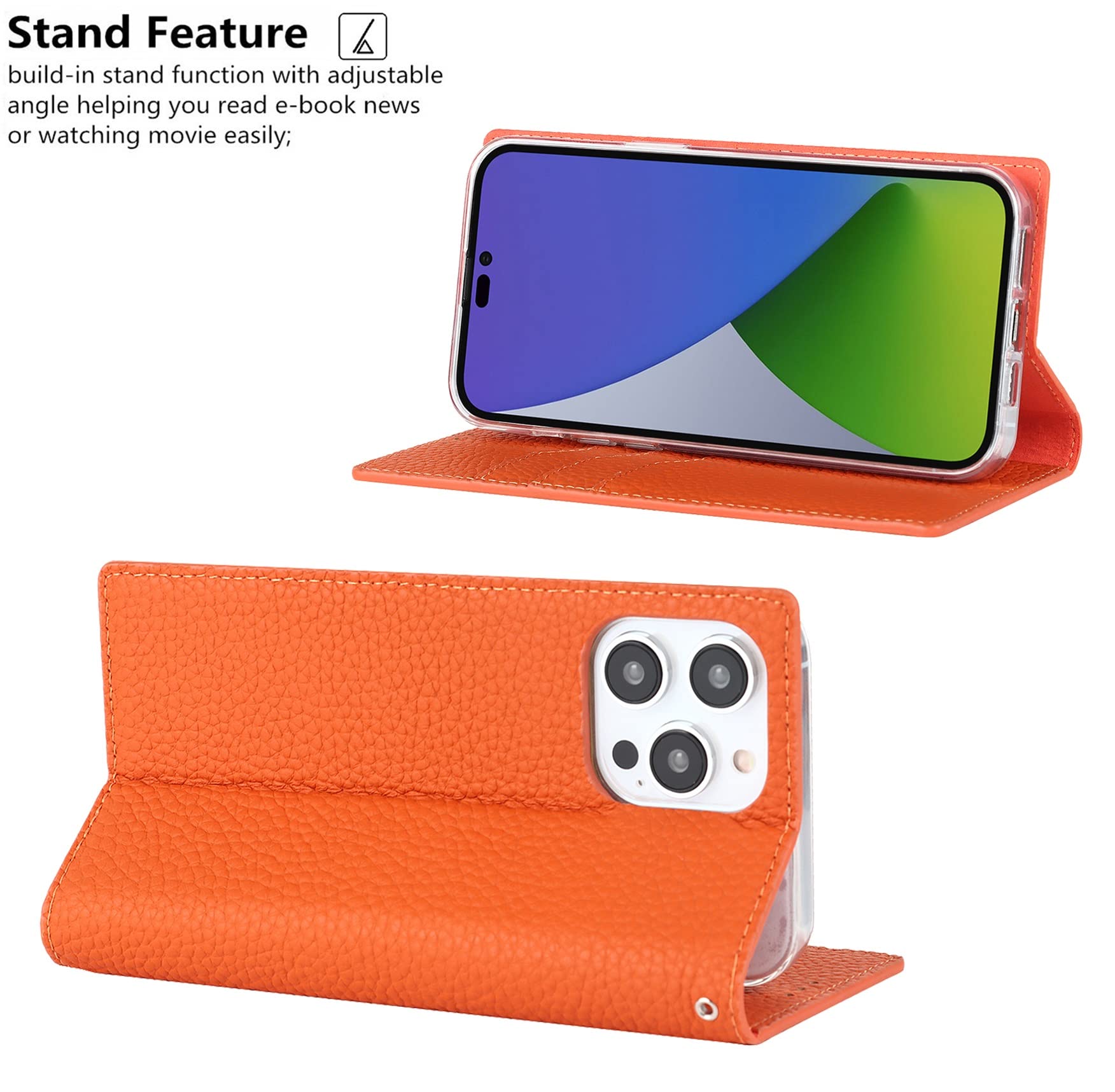 iCoverCase Custodia a portafoglio per iPhone 15 Pro, in vera pelle, con blocco RFID, chiusura magnetica, con cinturino da polso e scomparti per carte di credito, funzione cavalletto, custodia a libro