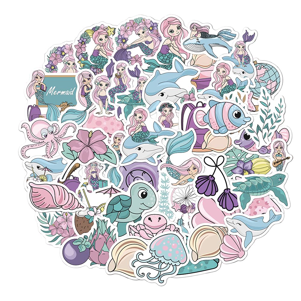Pastel Mermaid Vinyl Stickers, 50 PCS Waterproof Illustrated Ocean Character Decals for Laptops, Scrapbooking, Journals, Notebooks, Water Bottles, Suitcases, Phones & DIY Decor