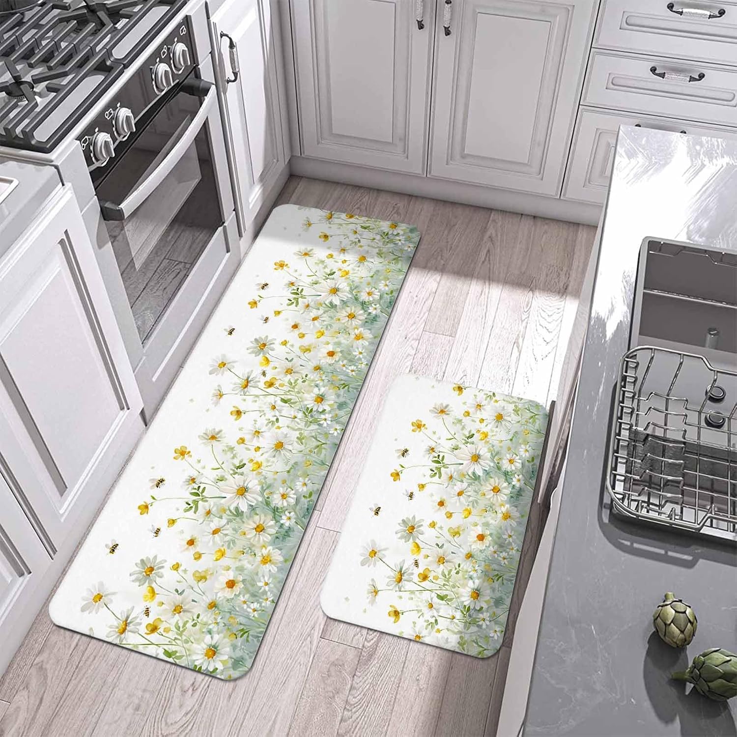 Spring Floral Kitchen Mat Set 2 Pieces Watercolor Bee White Yellow Wildflower Rustic Farmhouse Non Slip Kitchen Rugs Washable Runner Rug Mats for Kitchen Sink Laundry (19.7" x 31.5"+19.7" x 47.2")