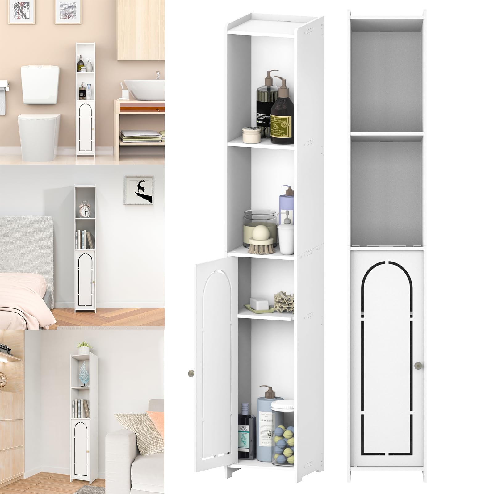 4 Tier Bathroom Storage Cabinet, Tall Slim Narrow White Cupboard with Arched Door for Small Spaces, Waterproof Toilet Side Organiser Floor Standing Display Cabinet for Living Room Loo, Easy Assembly — image 1