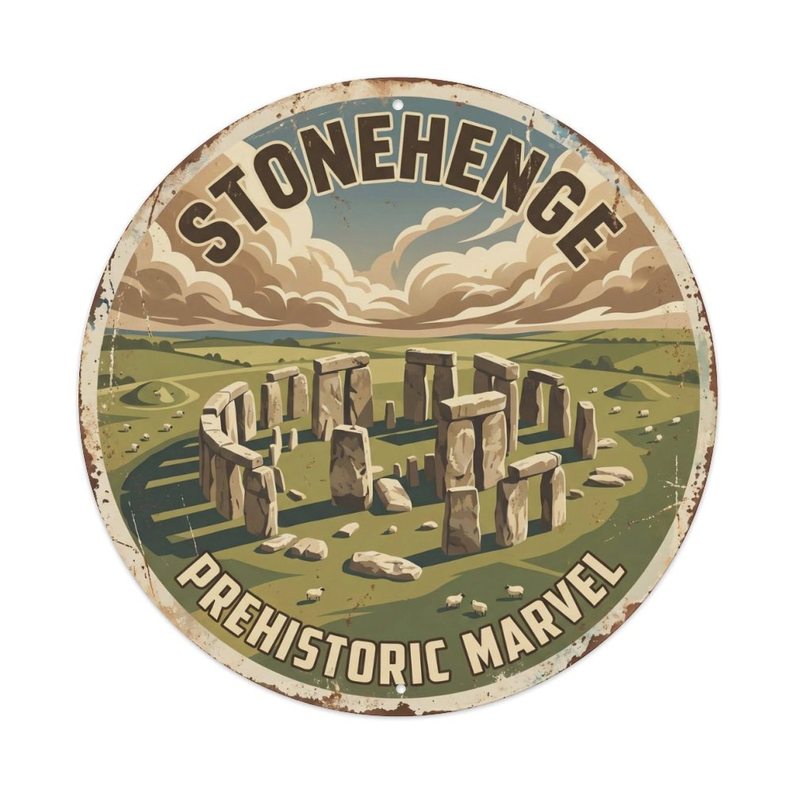 Vintage Travel Stonehenge Britain Prehistoric Metal Tin Sign Plaque Wall Decor for Cafe, Club, Garden Round Metal Poster 8x8Inch