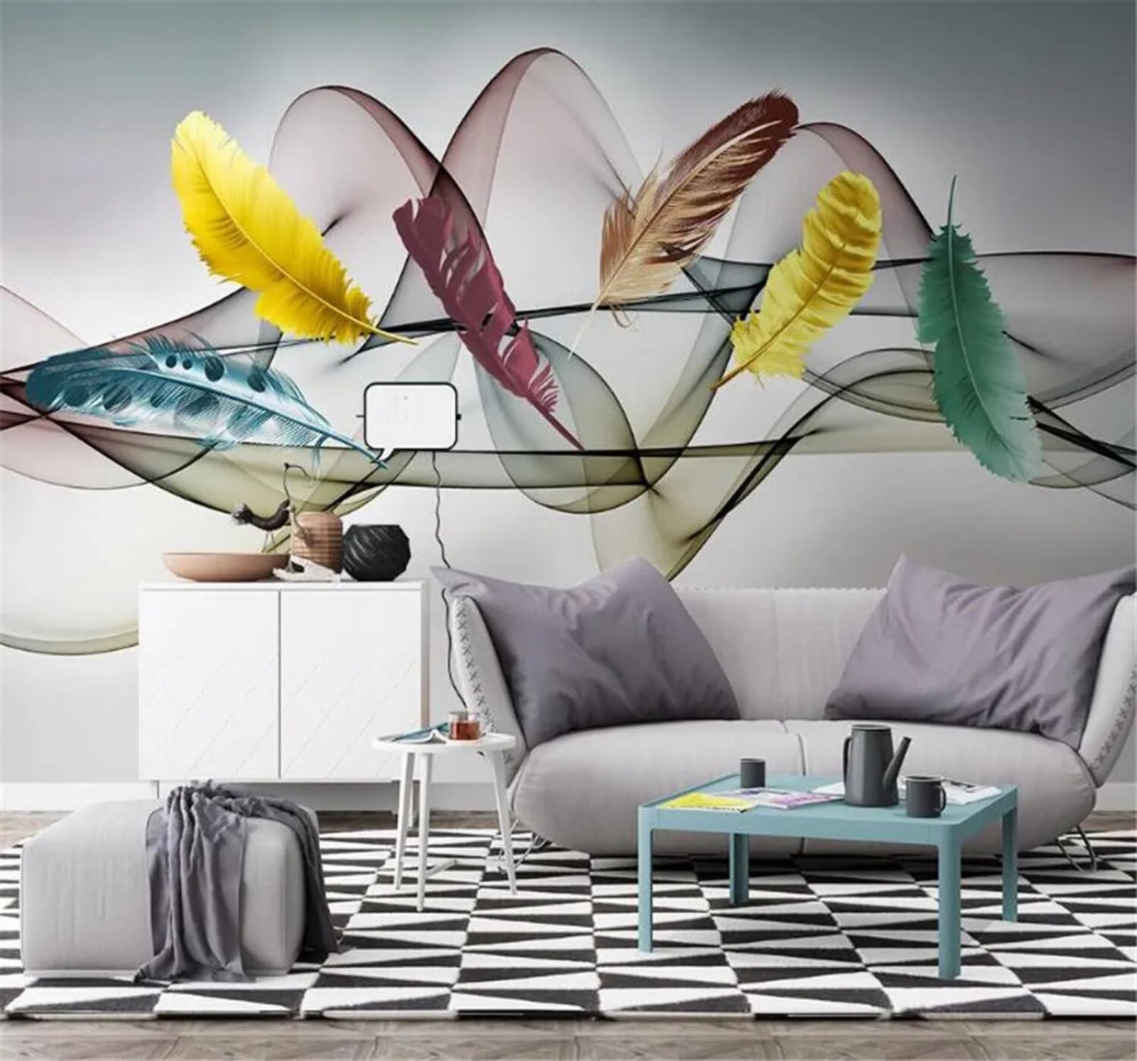 Tzxztt Abstract Hand Drawn Colourful Feathers Mist Modern 3D Wallpaper Premium Textured Silk Neutral Tones Material Ideal for Living Room Bedroom-250cm×170cm