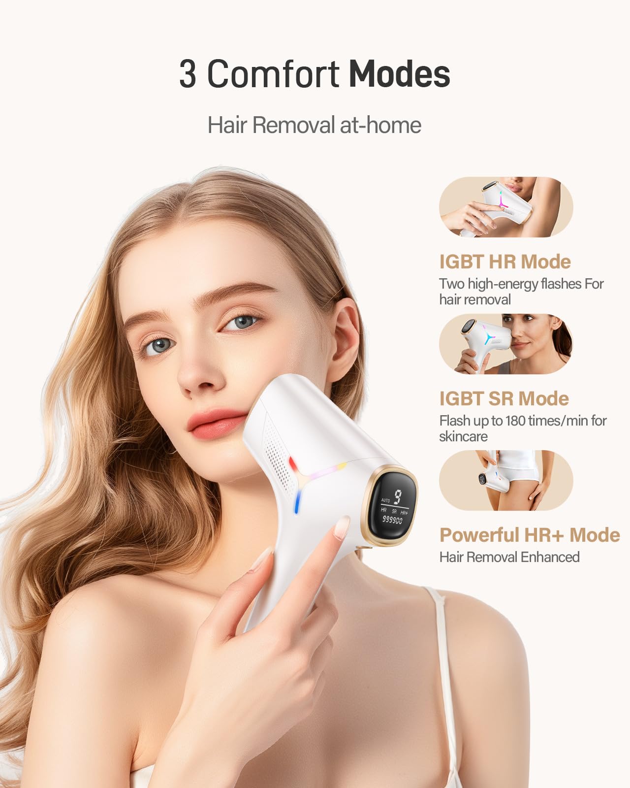 Haarlosy Epilateur Lumiere Pulsee, IPL Epilateur Laser avec Fonction 3-en-1 HR/SC/RA et 9 Niveaux d'énergie et 999 900 Flashes, lumiere pulsee definitive avec RGB pour Femmes/Hommes, Visage, Corps
