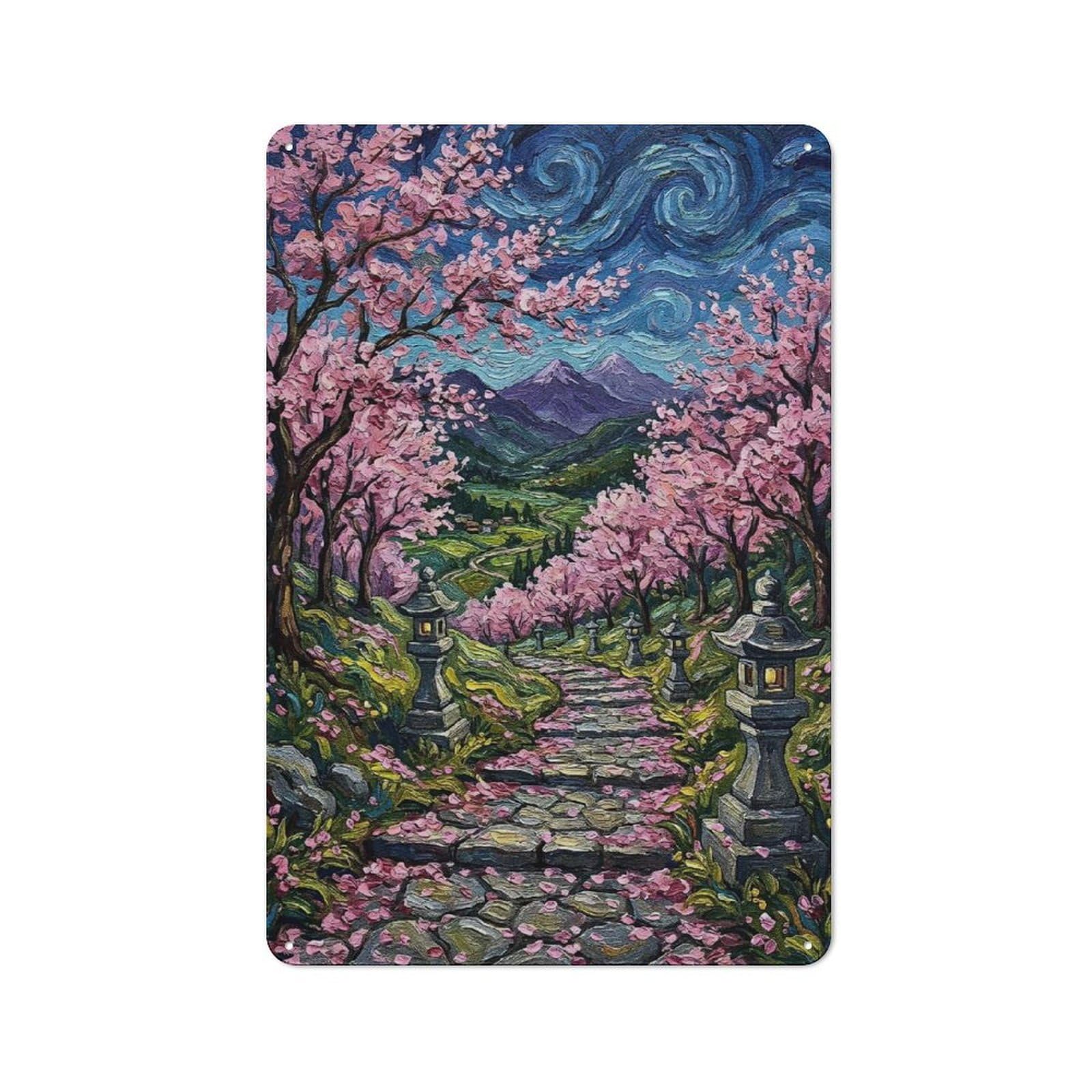 Junmoney Style-6 Retro-Style Tin Sign 30X20cm Featuring Japanese Cherry Blossom Landscape Painting For Hallway Wall, For Garage, Workshop And Man Cave Decoration
