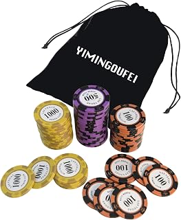 Pokerchip-Set 60 Tonchips mit Nennwert und Flanellbeutel | Je 20 Chips in den Werten 100, 500 und 1000, ideal zum Ergänzen bestehender Poker- und Heimspielsets