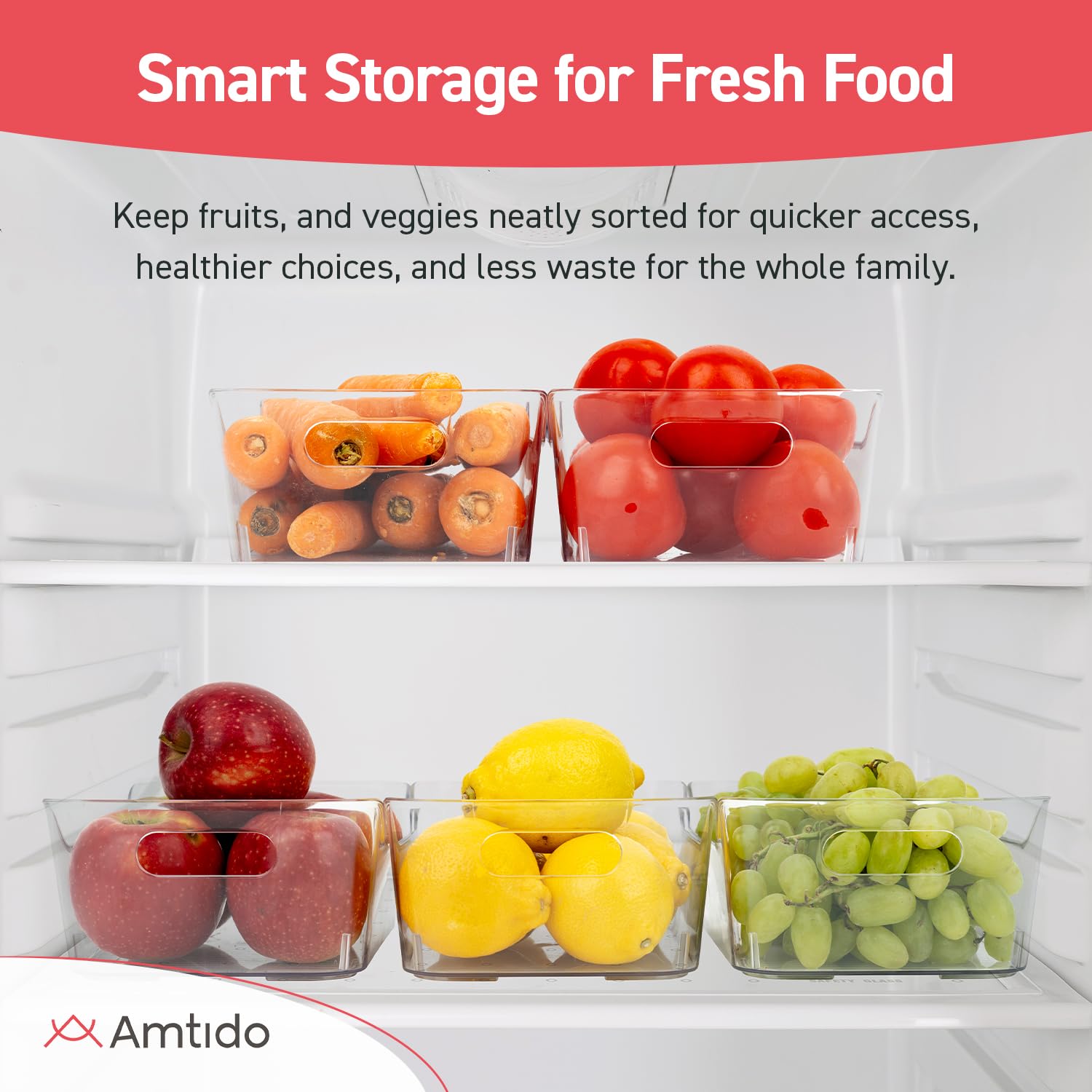 Amtido Clear Plastic Organiser Storage Small, 5 Pack (20.5 x 8 x 13.5 cm), Durable, BPA-Free Fridge Organisers with Handles - Image 3