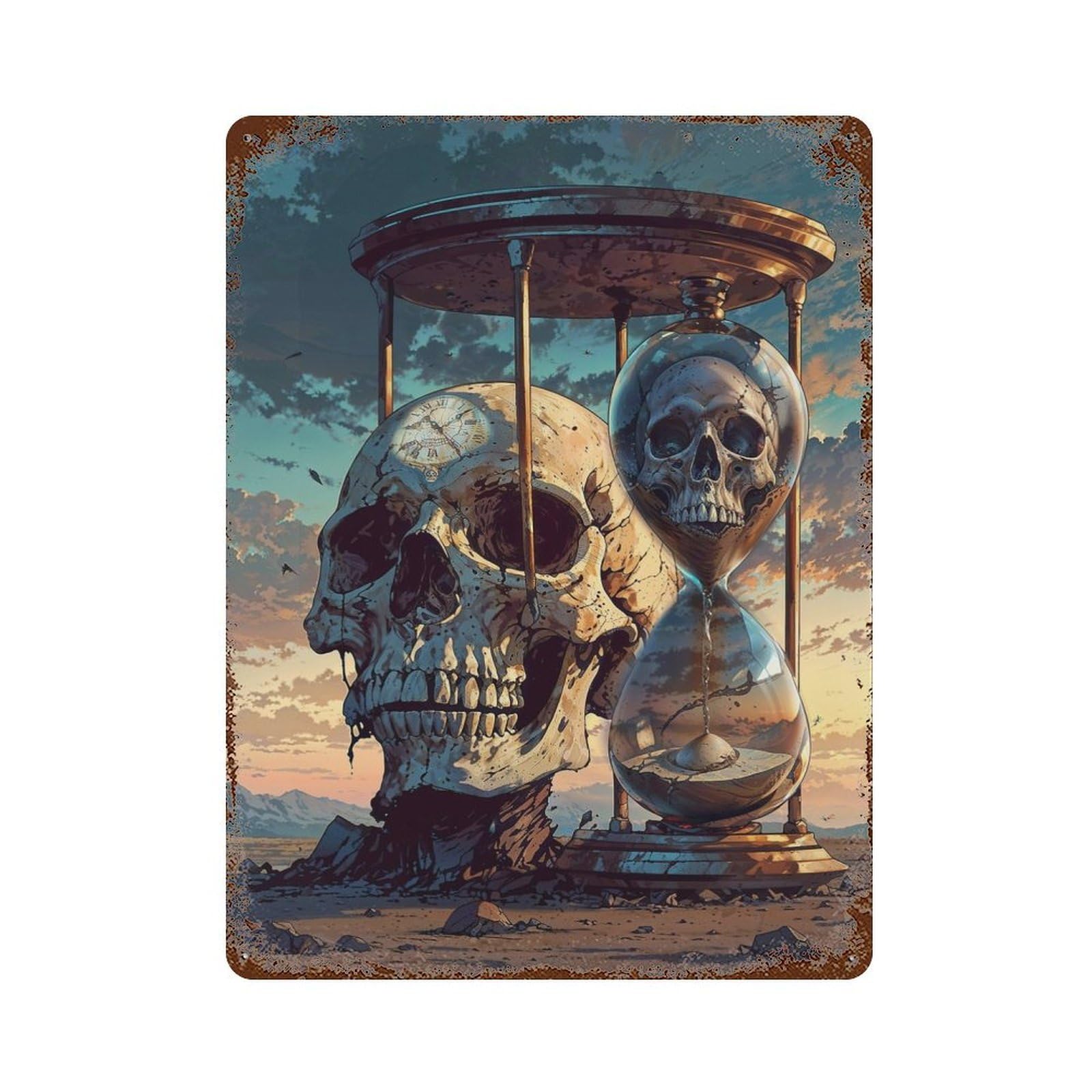 Dual Skulls Sand Timer Rust Effect Tin Sign 15.7"x11.8", Rustic Home Decor for Garage, Bar And Workshop Decor
