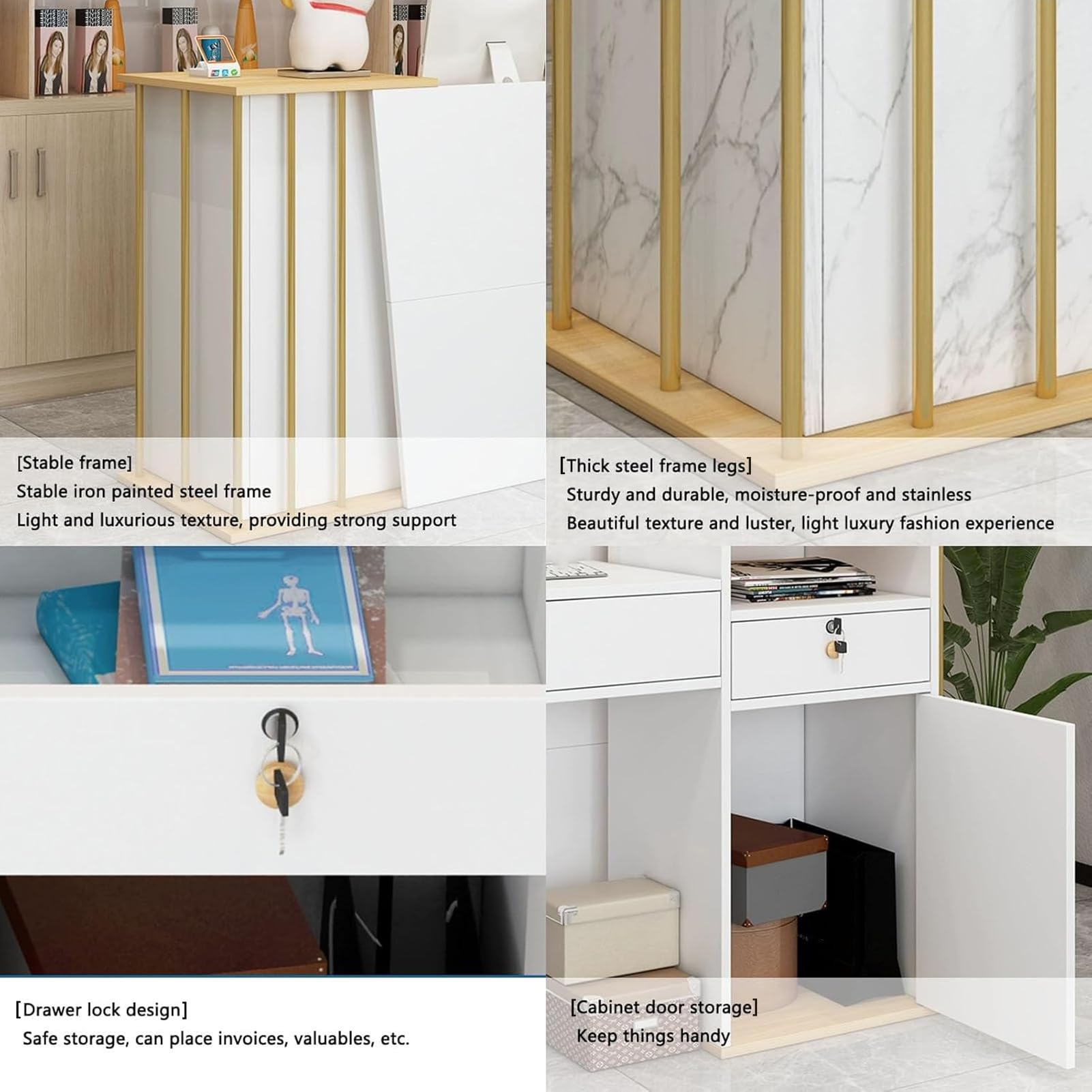 Empfangstheke Salon Kosmetikstudio 120cm Weiss Gold, Rezeptionstheke Hotel, Weiß Empfangsthek Verkaufstheke Fachmann Theke BüRo Rezeption, Laden, BekleidungsgeschäFten, Firmenhallen, Laden-Theke