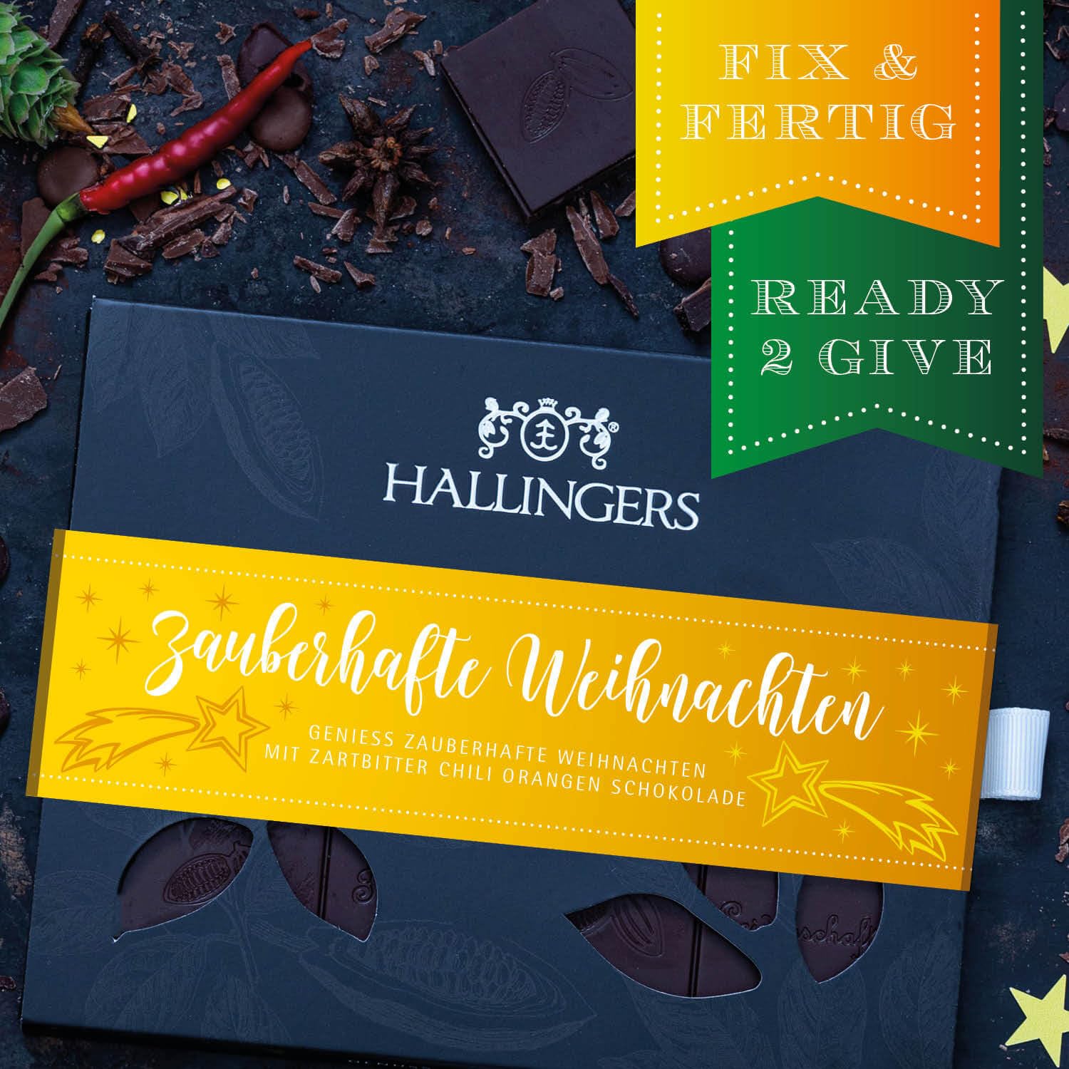 Hallingers Genuss Manufaktur Vegane Schokolade Weihnachts-Geschenk - Tafel handgeschöpfter Edelkakao ohne Alkohol edler Karton 10x "Zauberhafte Wei..." Orange-Chili, Weihnachten für Frauen Männer