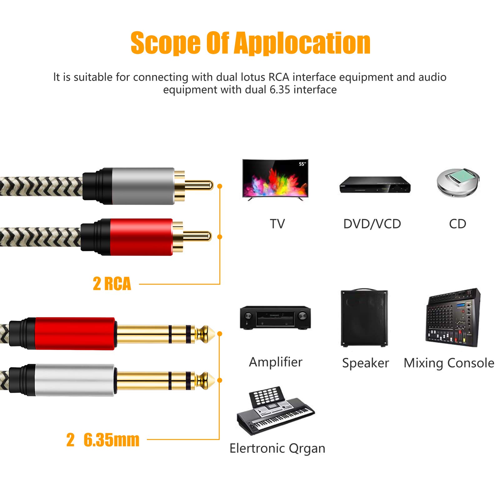 Ubrand 2 x 6.35 mm to 2RCA Cable,Dual 1/4 inch TS Stereo Jack Male to 2 RCA Male Stereo Audio Cable Splitter Adapterwith PVC Shelled Housing and Nylon Braid(12M/40Ft) - Image 3