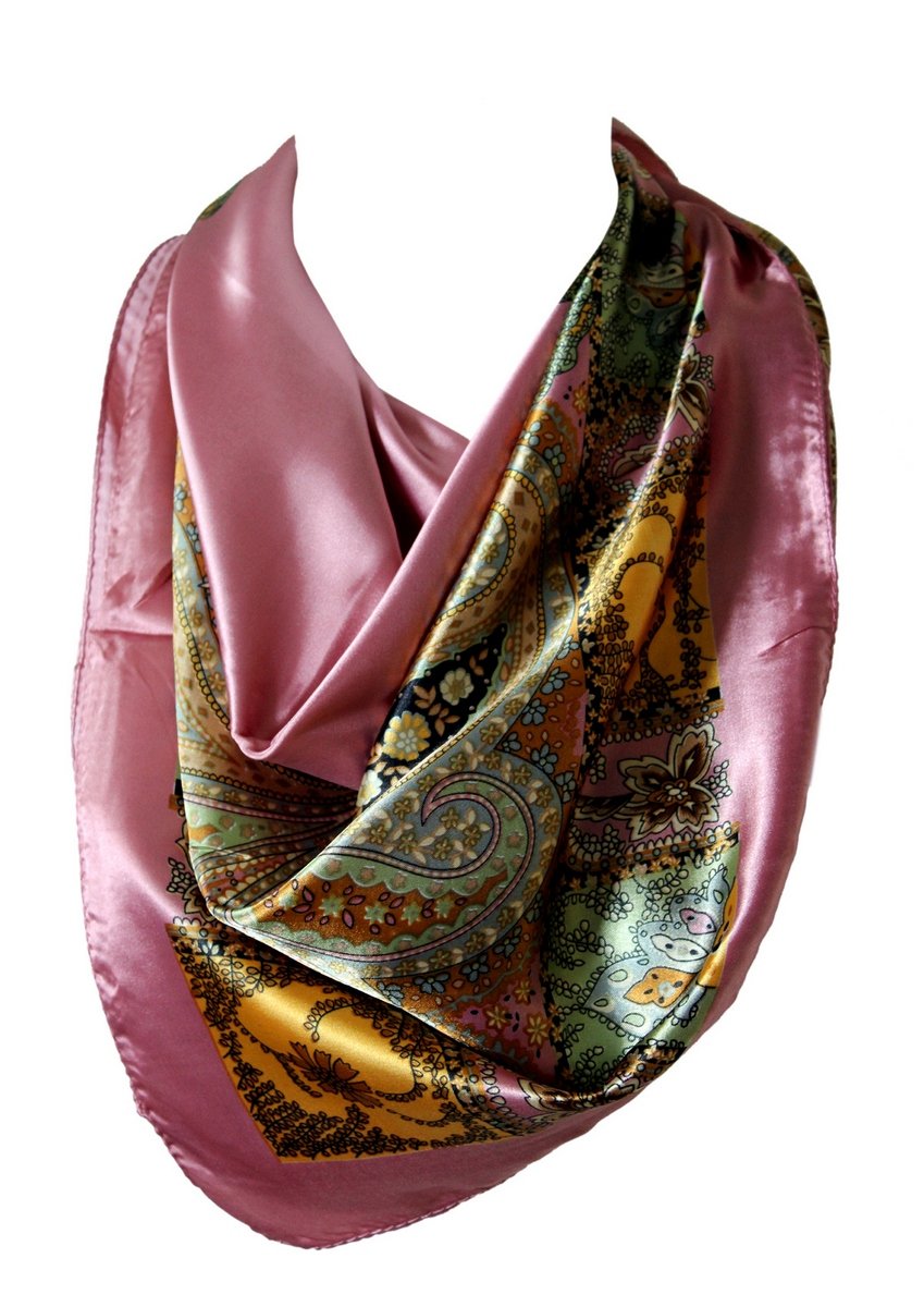 Bullahshah Pink Floral Pattern Bandana Scarf Silk Satin Square Neck Head Wrap (Pink)